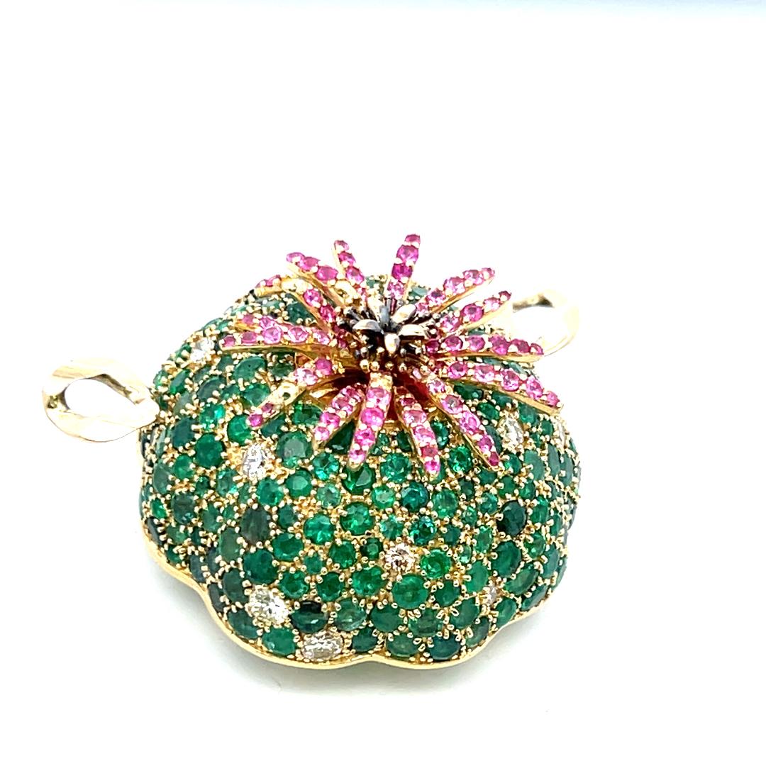18K YG Pin Brooch with 1.3ct Round Diamonds 1.3ct Sapphire and 7.5ct Emerald