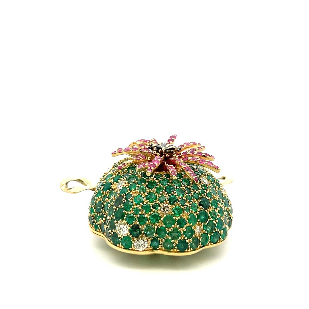 18K YG Pin Brooch with 1.3ct Round Diamonds 1.3ct Sapphire and 7.5ct Emerald