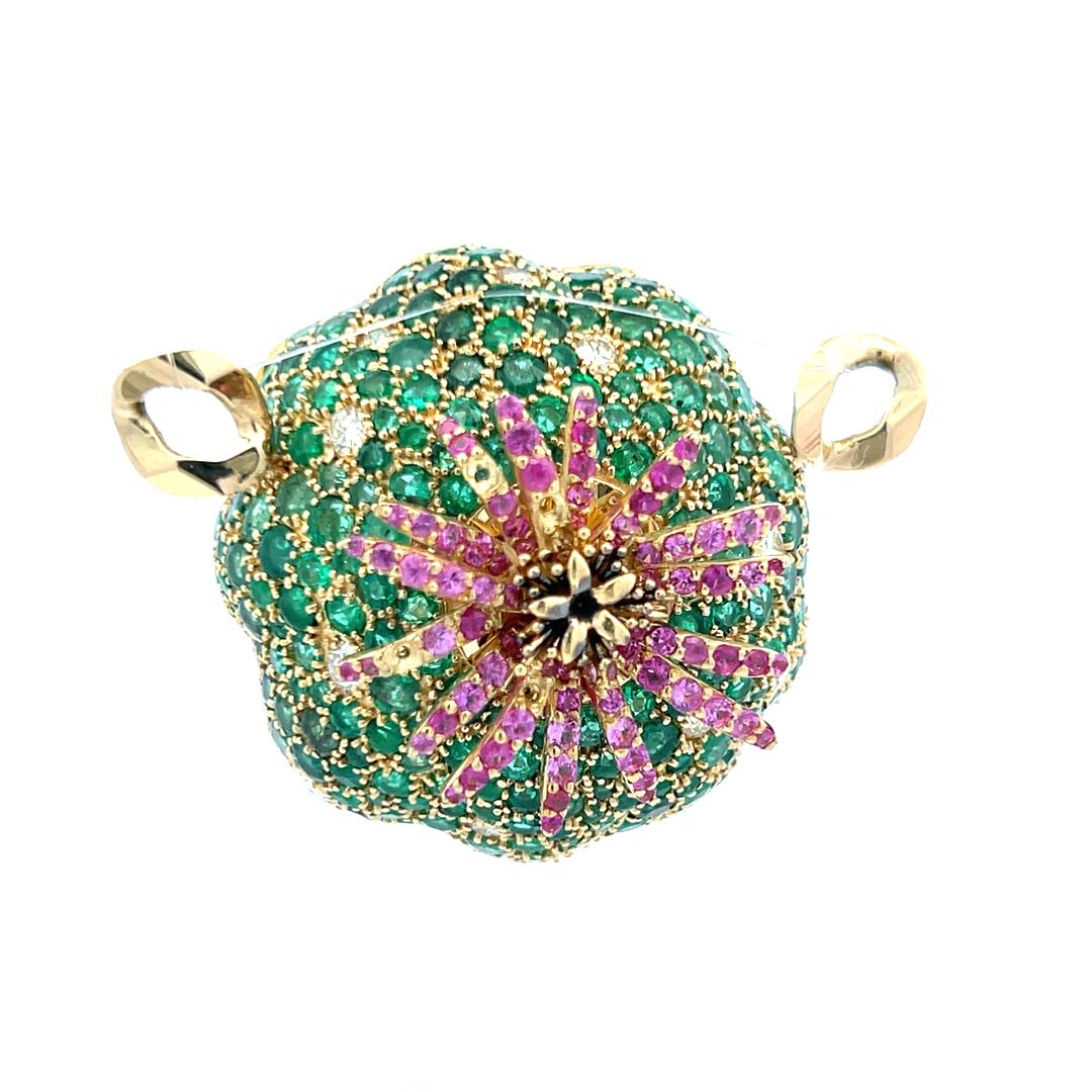 18K YG Pin Brooch with 1.3ct Round Diamonds 1.3ct Sapphire and 7.5ct Emerald