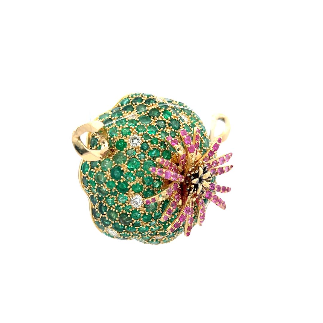 18K YG Pin Brooch with 1.3ct Round Diamonds 1.3ct Sapphire and 7.5ct Emerald
