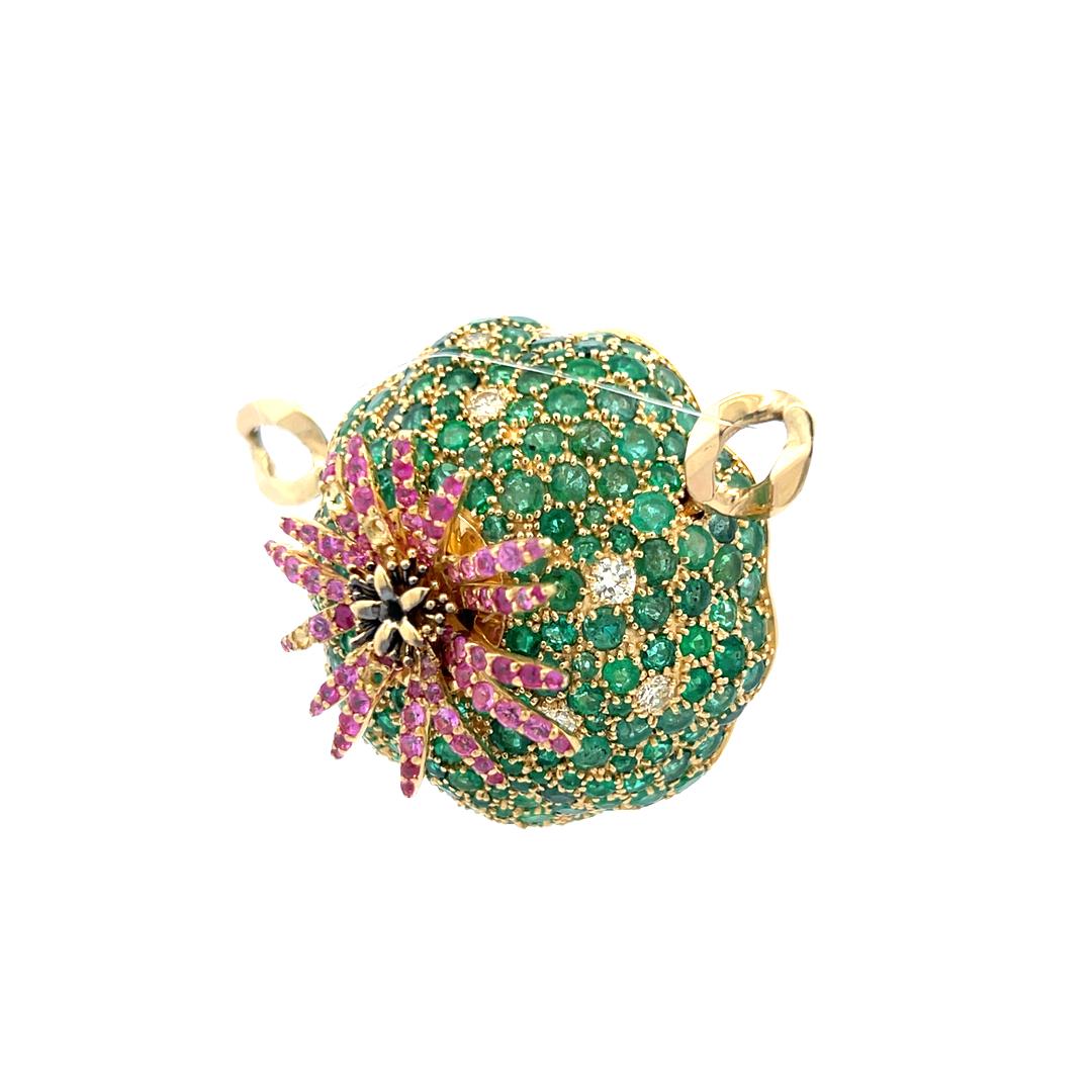 18K YG Pin Brooch with 1.3ct Round Diamonds 1.3ct Sapphire and 7.5ct Emerald