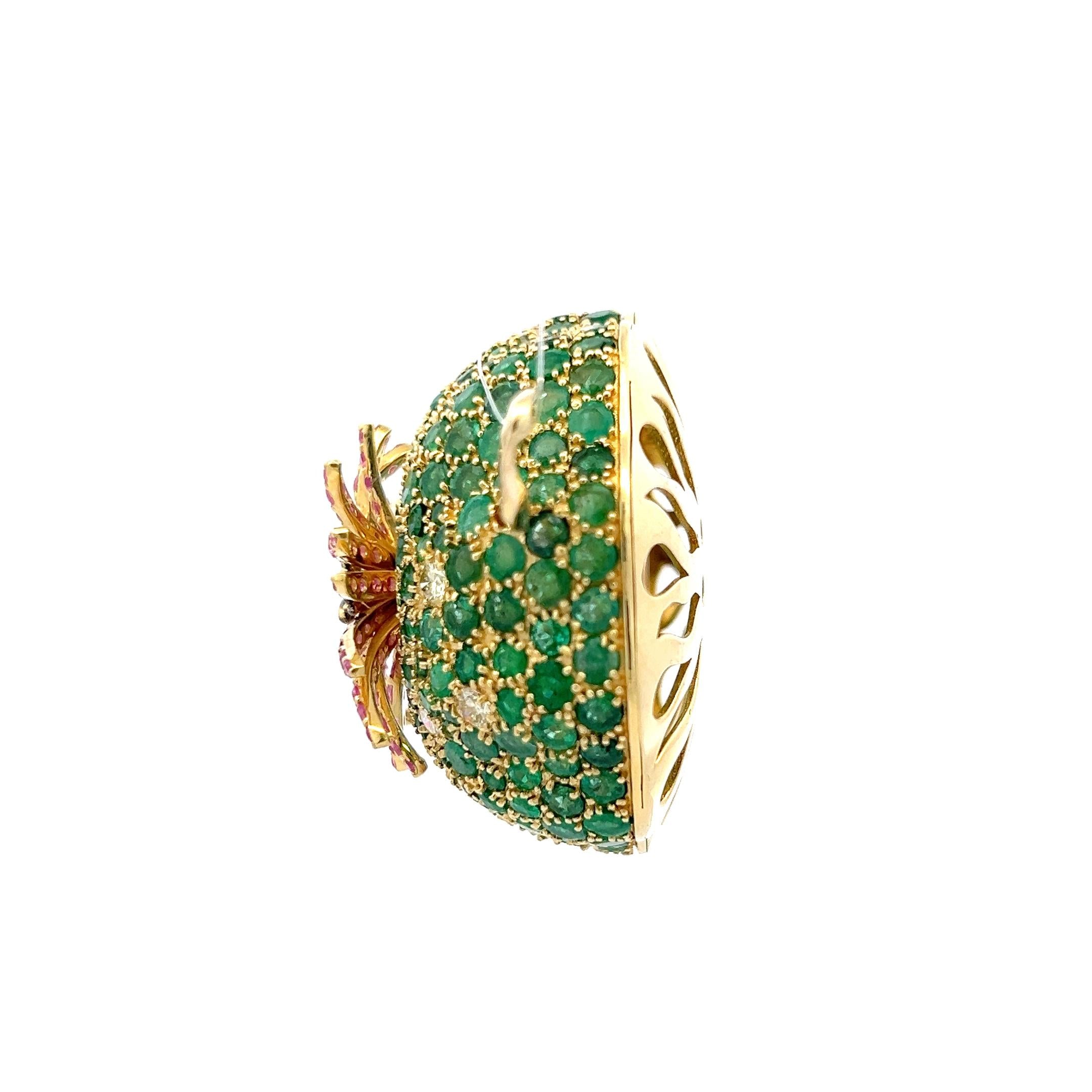 18K YG Pin Brooch with 1.3ct Round Diamonds 1.3ct Sapphire and 7.5ct Emerald