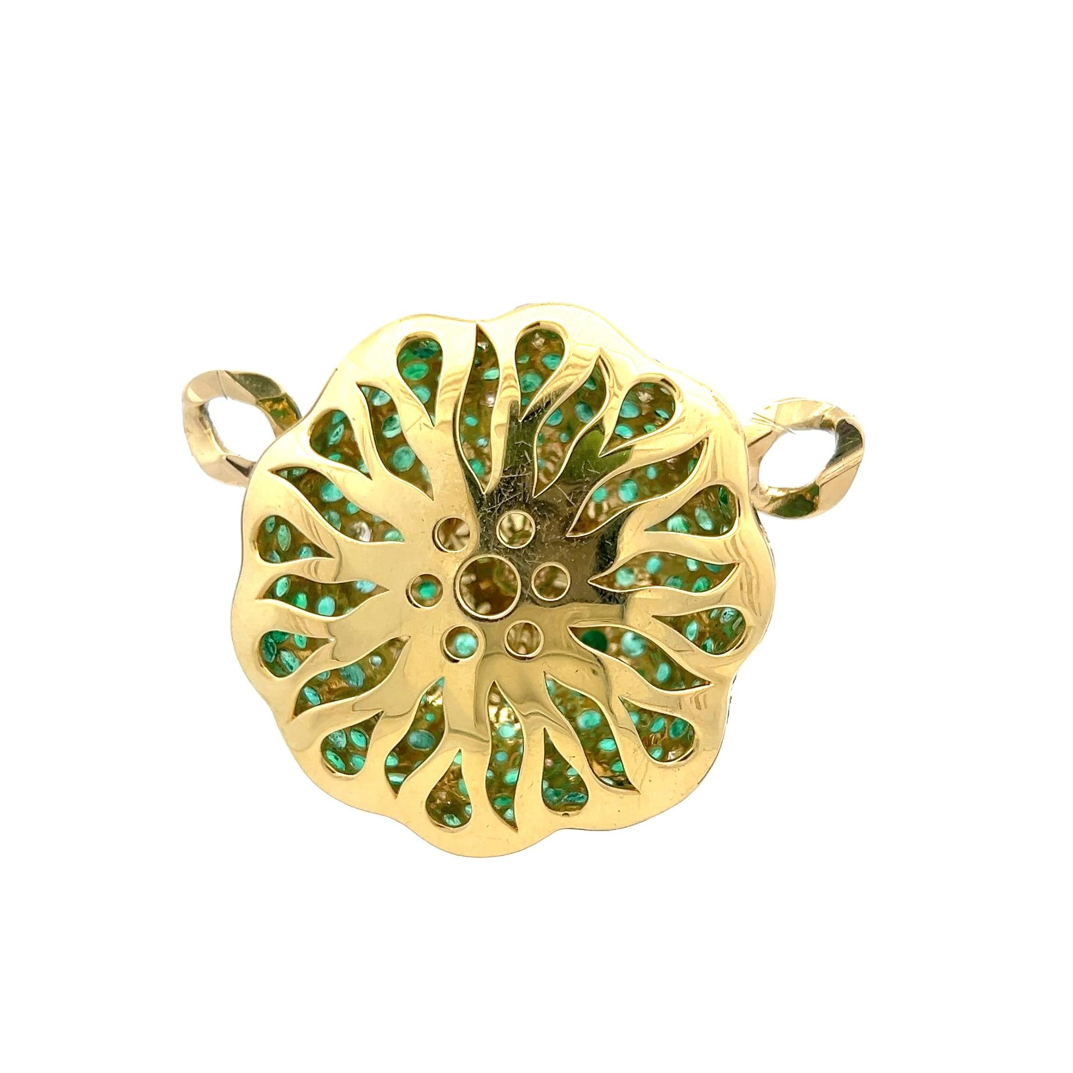 18K YG Pin Brooch with 1.3ct Round Diamonds 1.3ct Sapphire and 7.5ct Emerald
