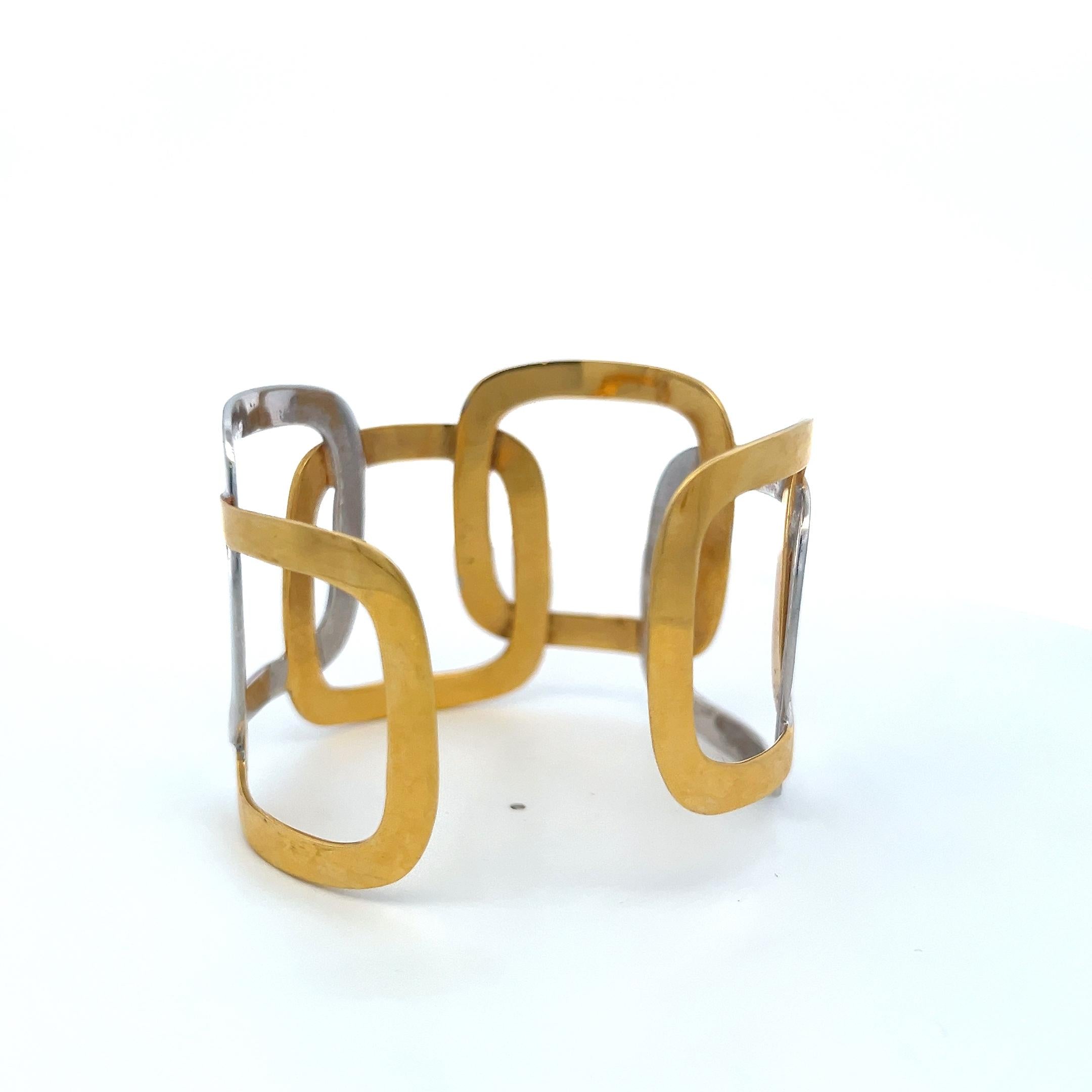 Vintage 18 Karat Two Tone Gold Wide Openwork Geometric Cuff Bracelet