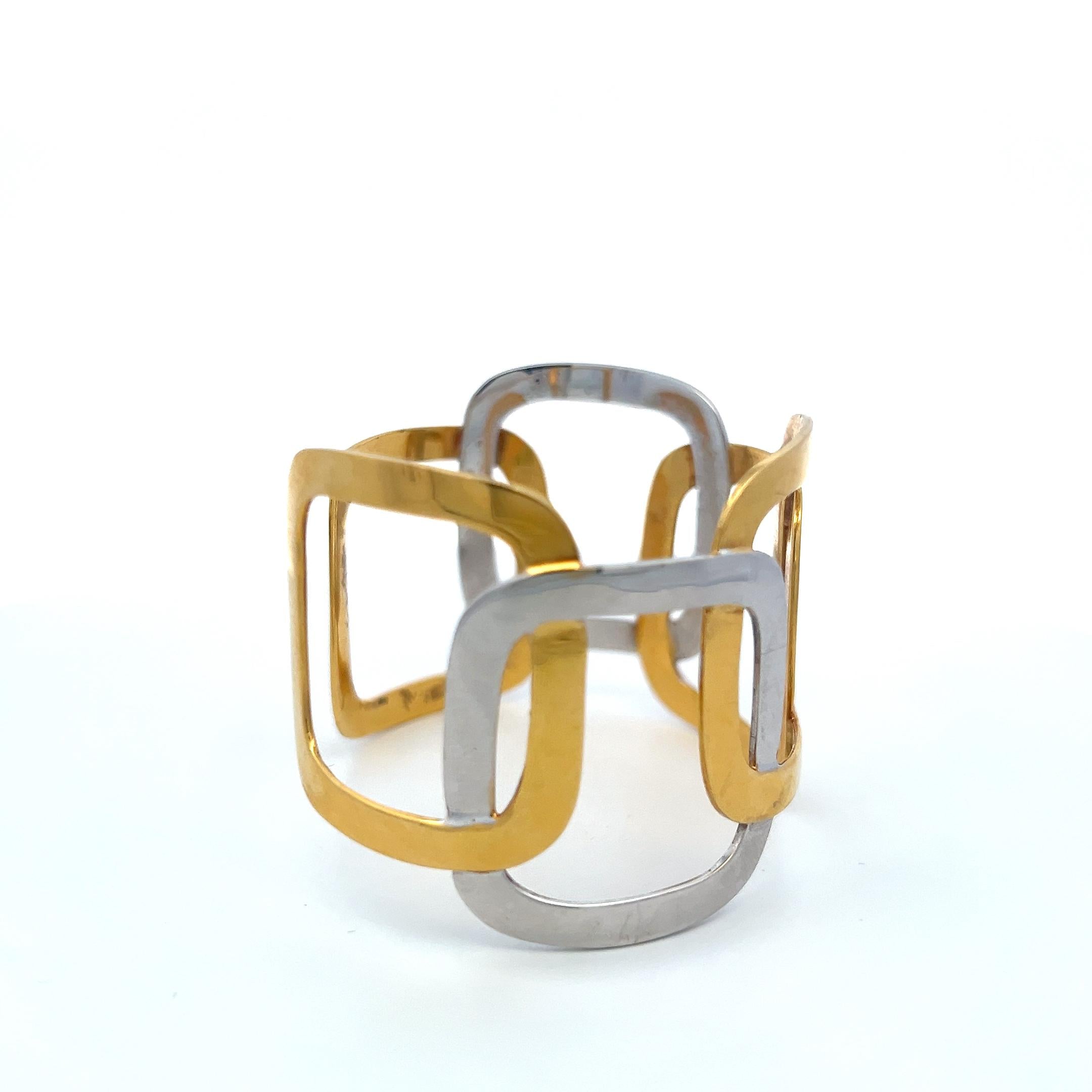 Vintage 18 Karat Two Tone Gold Wide Openwork Geometric Cuff Bracelet