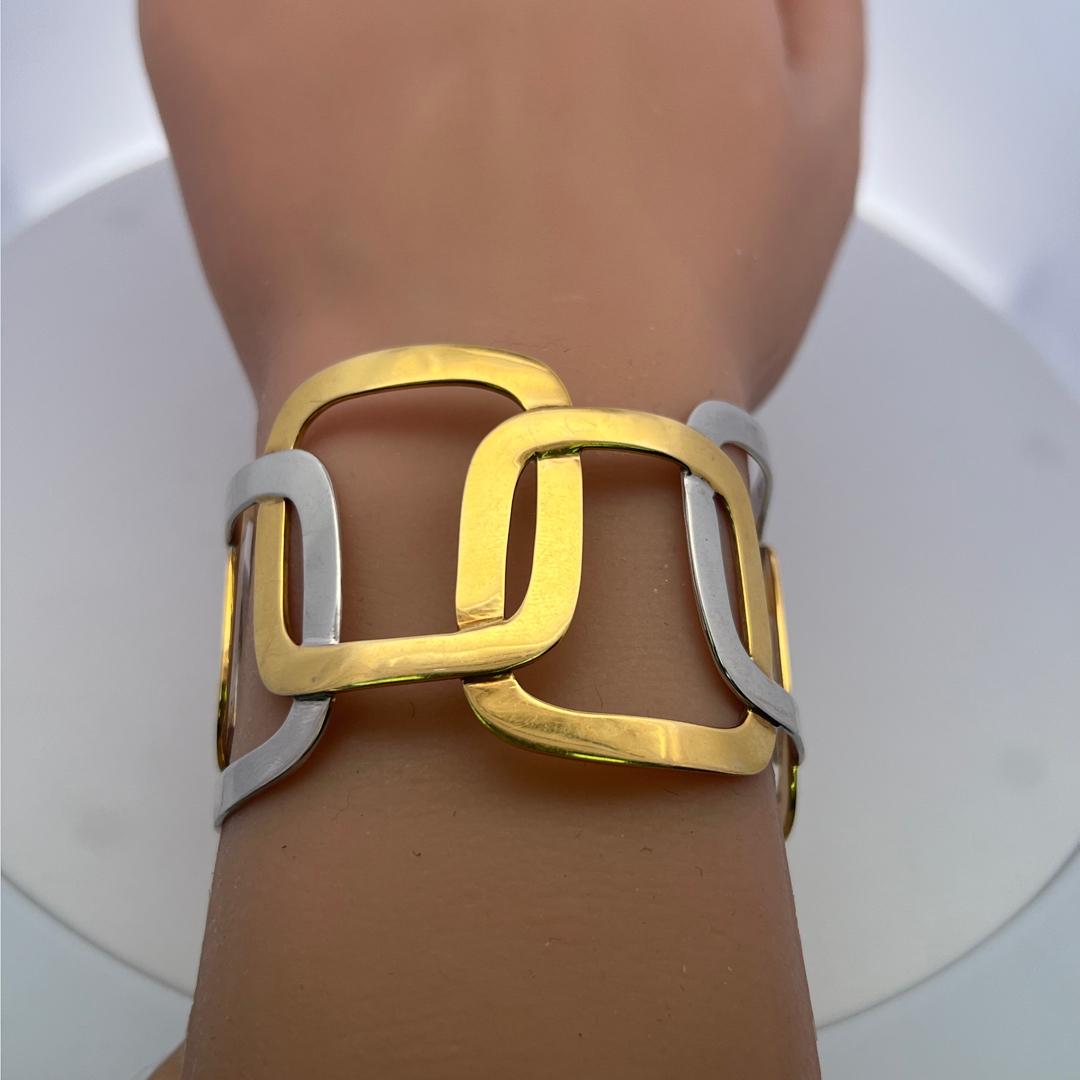 Vintage 18 Karat Two Tone Gold Wide Openwork Geometric Cuff Bracelet