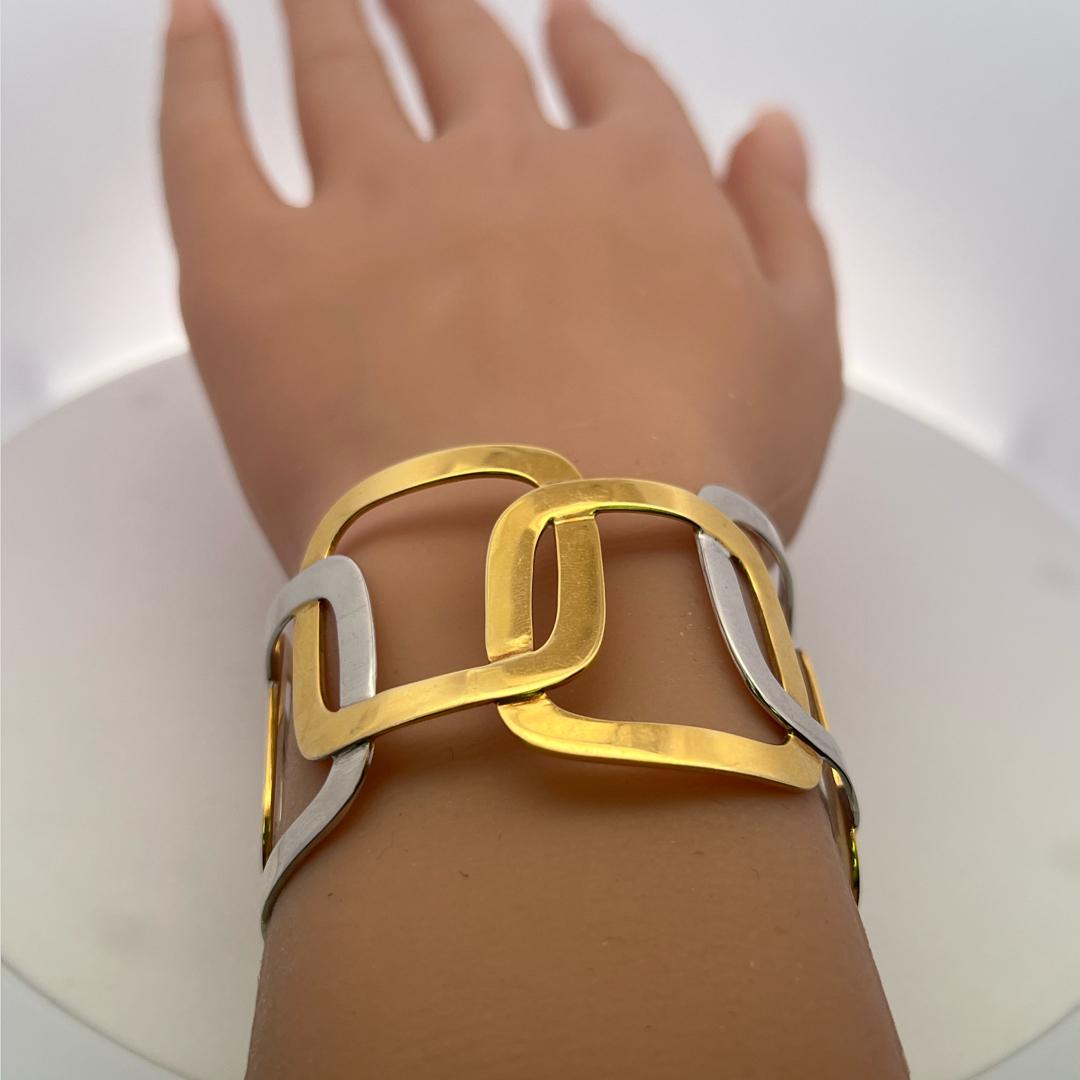 Vintage 18 Karat Two Tone Gold Wide Openwork Geometric Cuff Bracelet