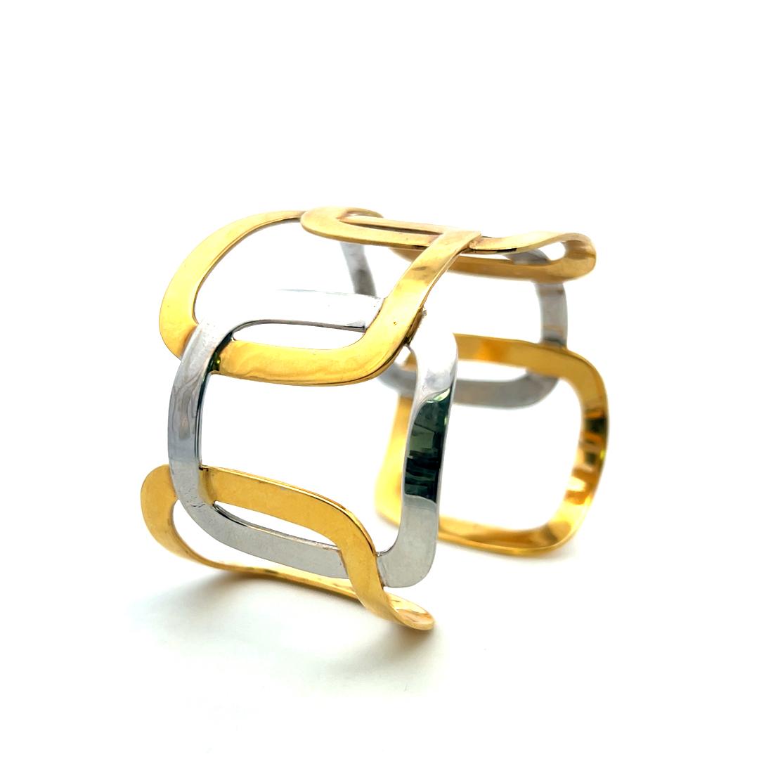 Vintage 18 Karat Two Tone Gold Wide Openwork Geometric Cuff Bracelet