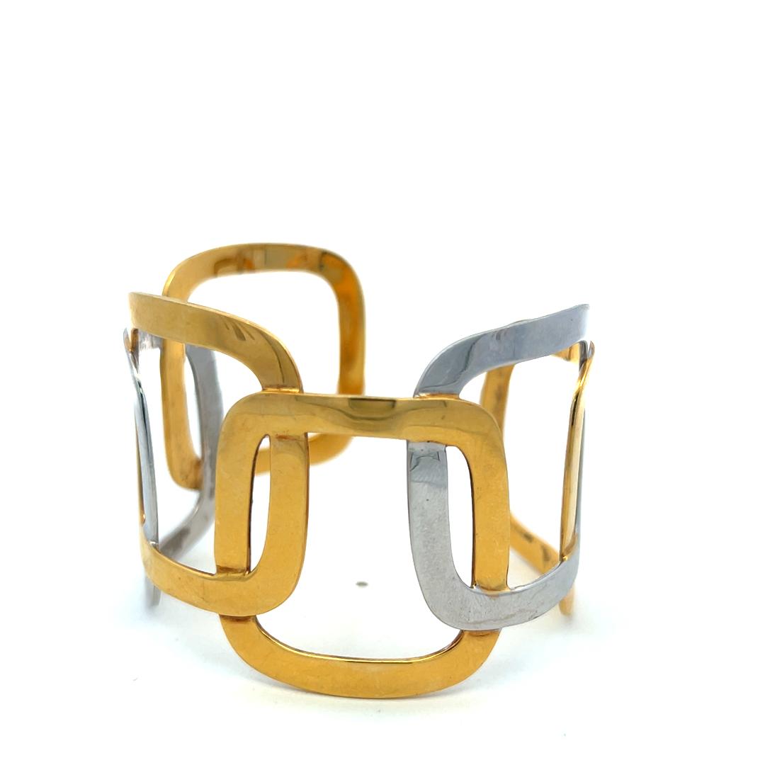 Vintage 18 Karat Two Tone Gold Wide Openwork Geometric Cuff Bracelet