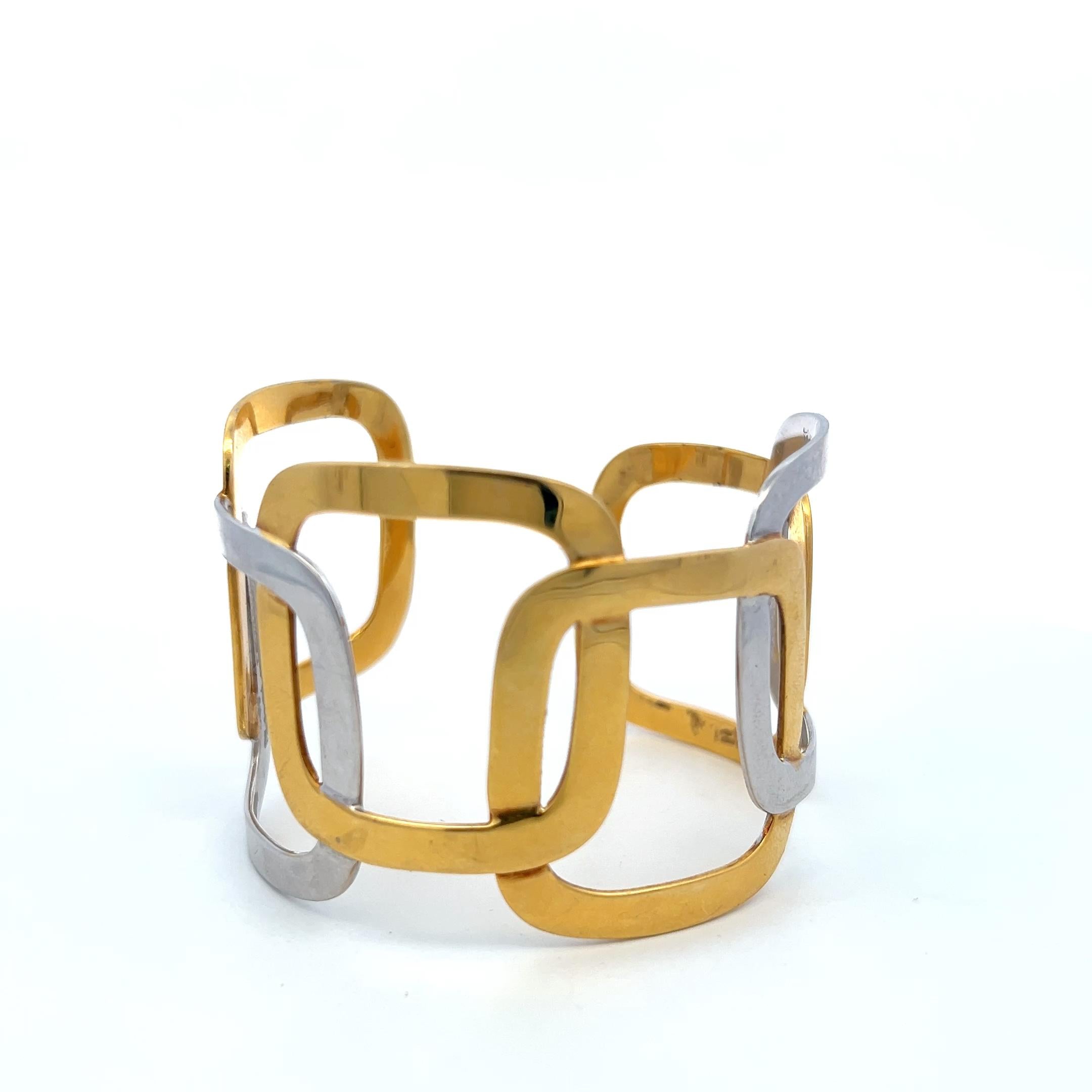 Vintage 18 Karat Two Tone Gold Wide Openwork Geometric Cuff Bracelet
