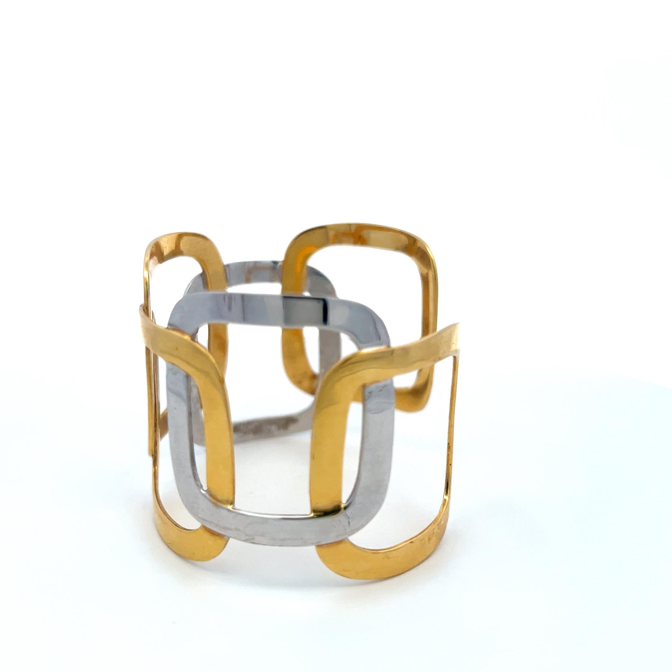 Vintage 18 Karat Two Tone Gold Wide Openwork Geometric Cuff Bracelet