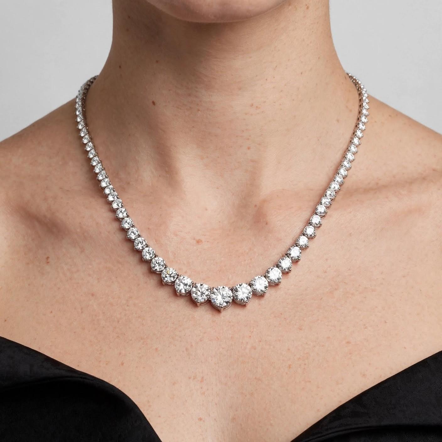 New 18K White Gold Riviera Necklace with 23.56 Carat Round Diamonds GIA