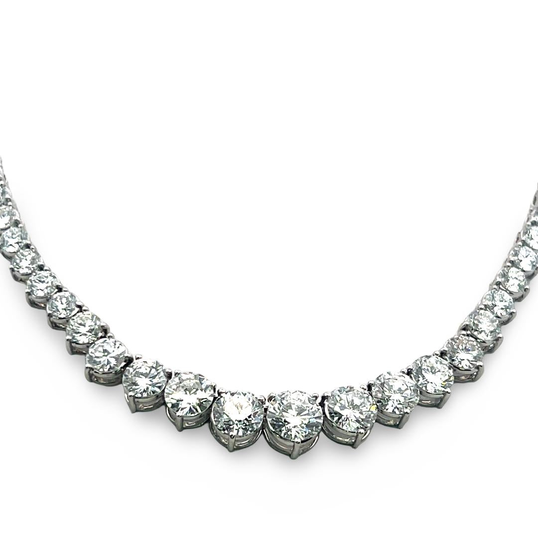 New 18K White Gold Riviera Necklace with 23.56 Carat Round Diamonds GIA