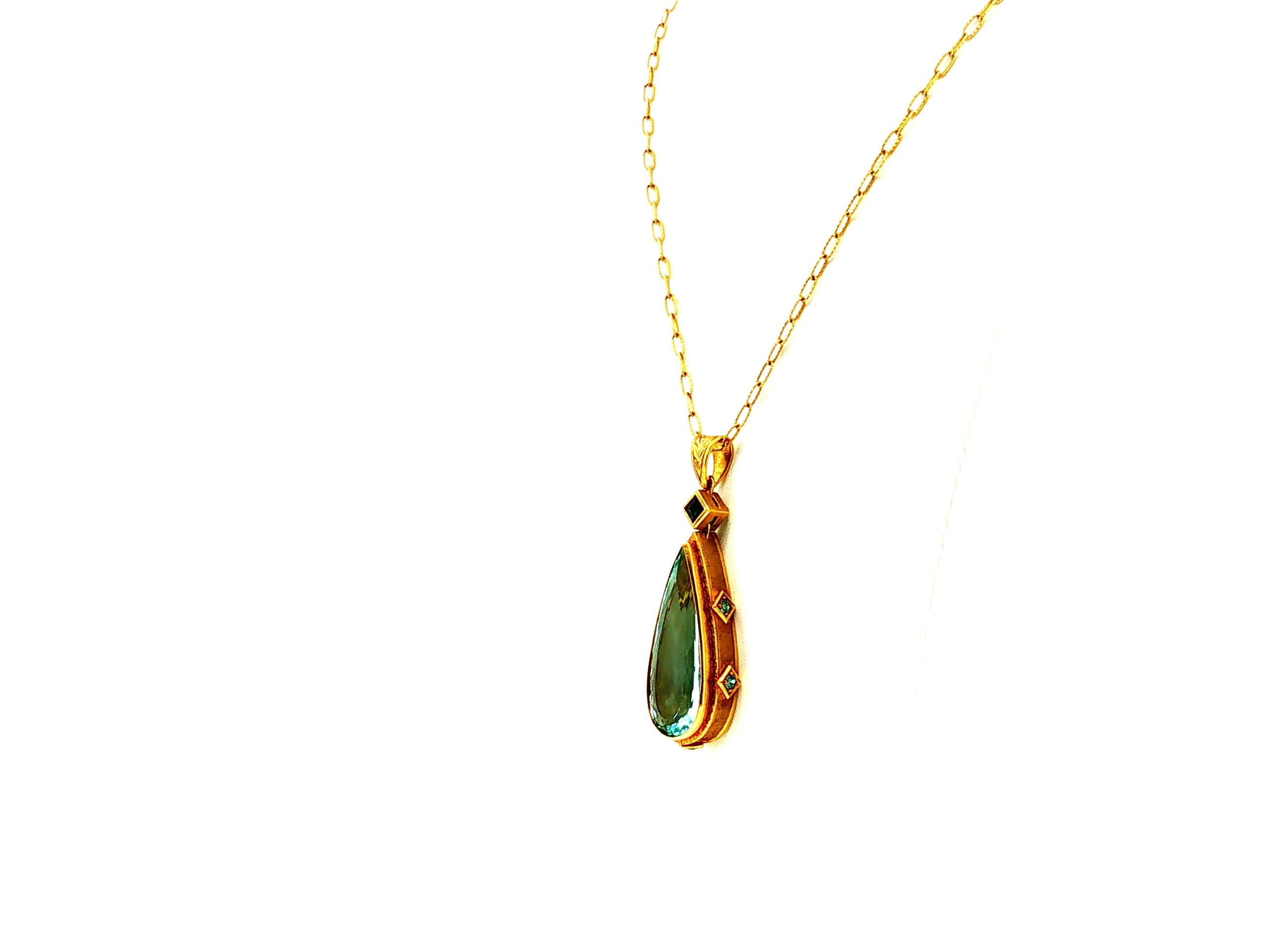 14K YG Pendant Necklace 0.25ct Round Aqua Marine & 33.8x14.3mm Pear Aqua Marine