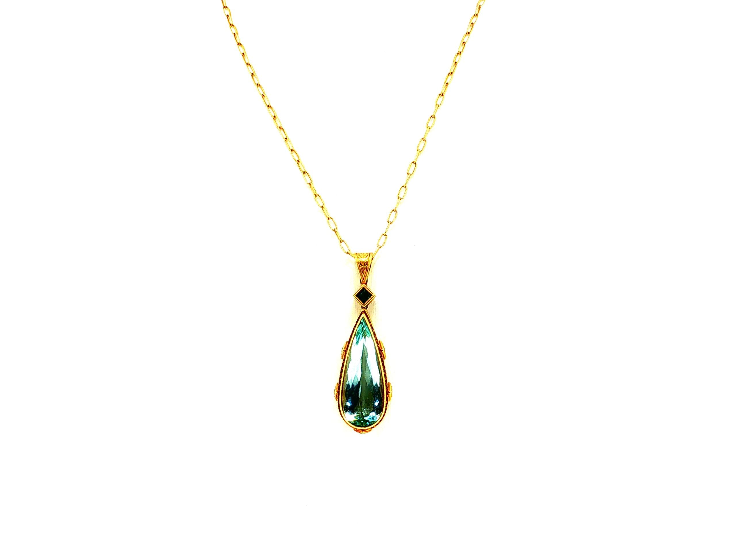 14K YG Pendant Necklace 0.25ct Round Aqua Marine & 33.8x14.3mm Pear Aqua Marine