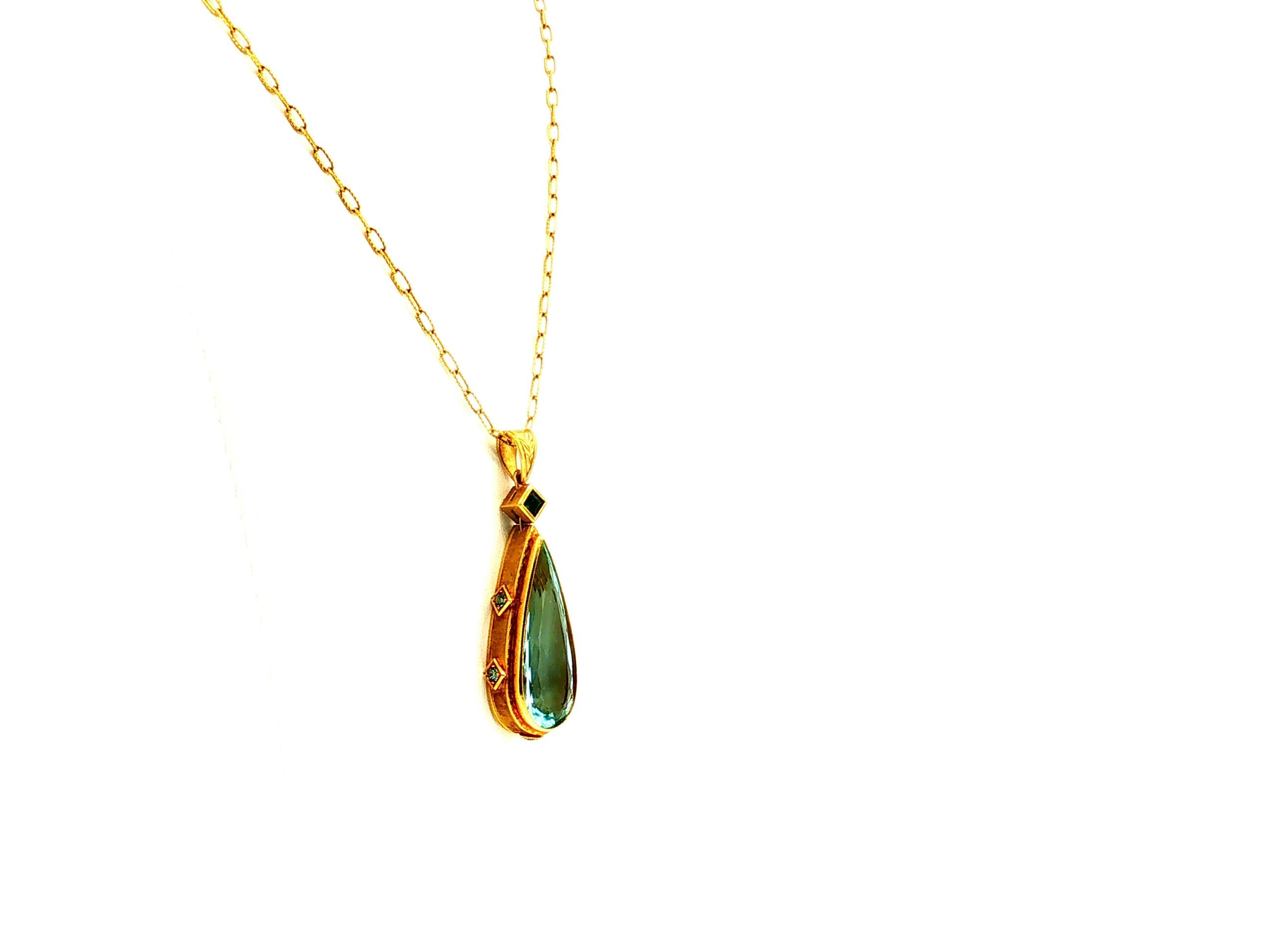 14K YG Pendant Necklace 0.25ct Round Aqua Marine & 33.8x14.3mm Pear Aqua Marine