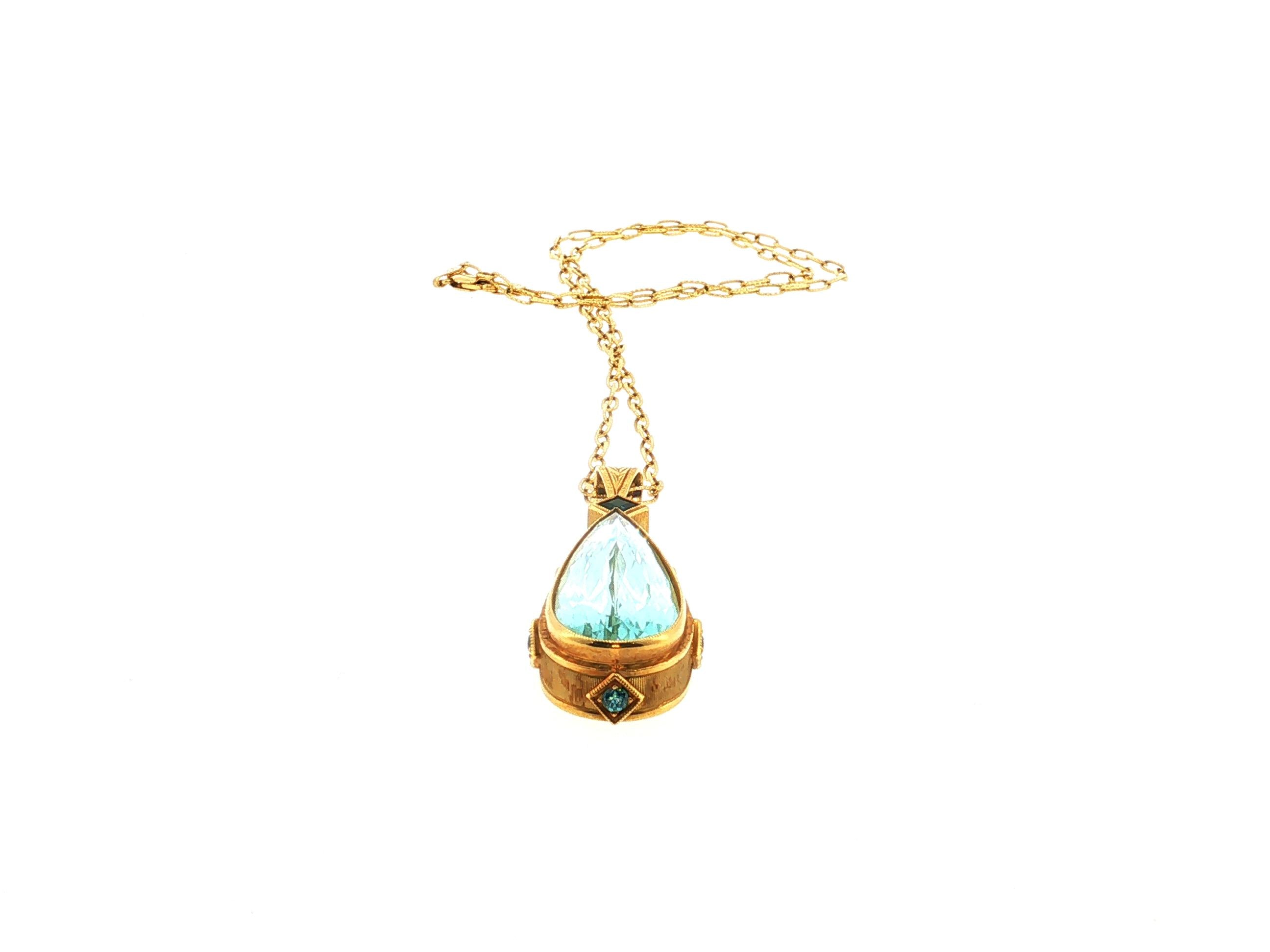14K YG Pendant Necklace 0.25ct Round Aqua Marine & 33.8x14.3mm Pear Aqua Marine