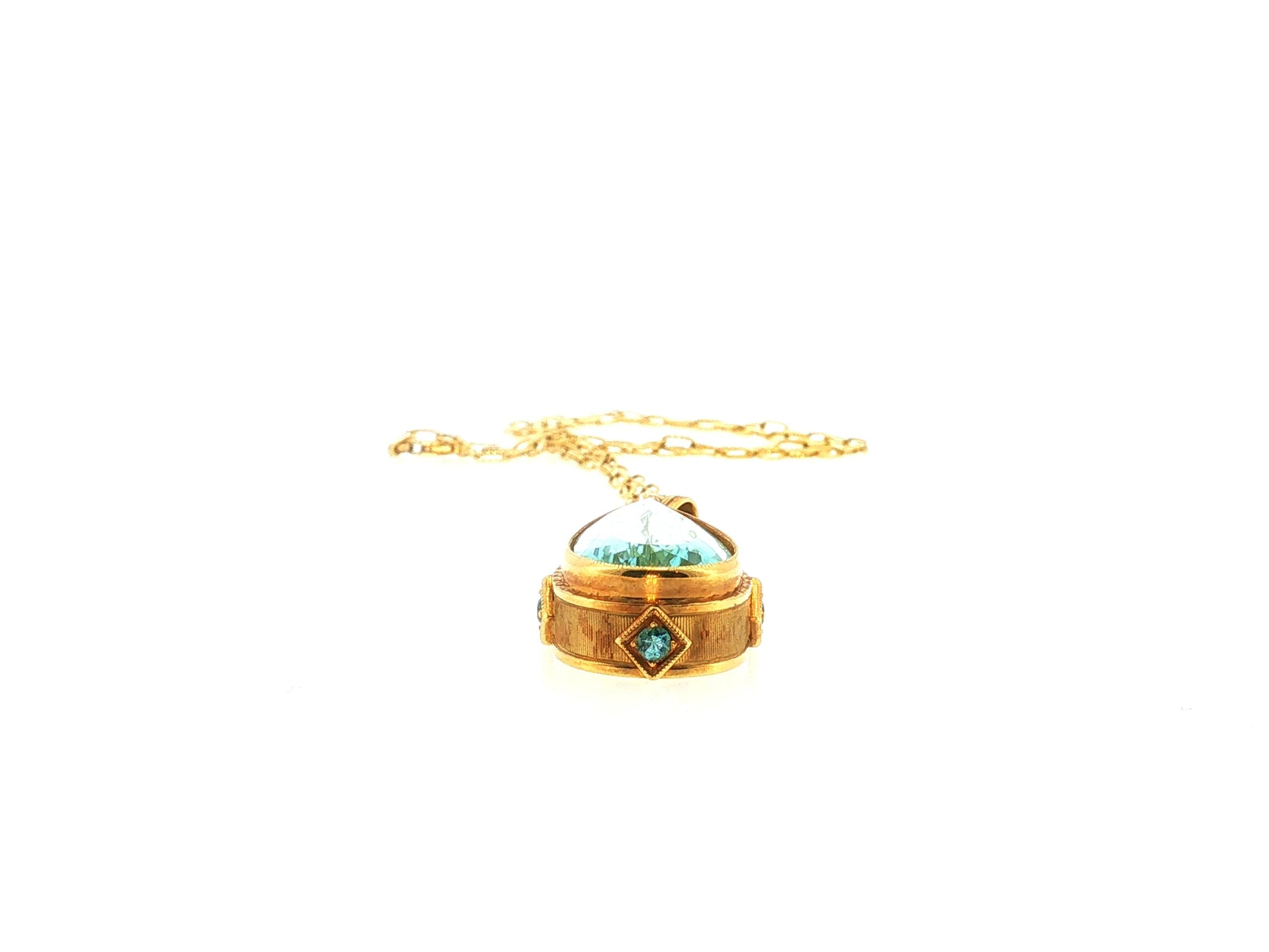 14K YG Pendant Necklace 0.25ct Round Aqua Marine & 33.8x14.3mm Pear Aqua Marine