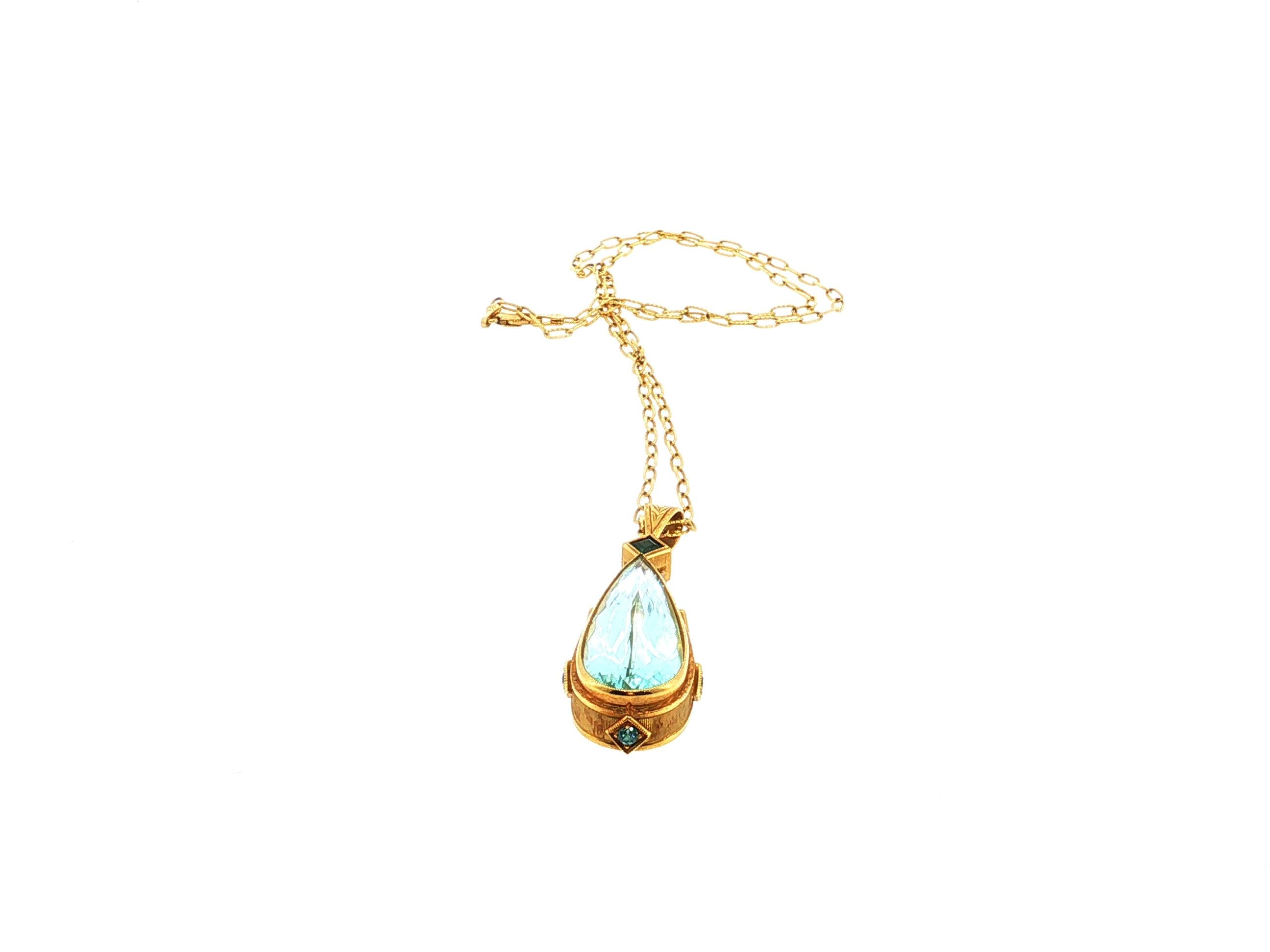 14K YG Pendant Necklace 0.25ct Round Aqua Marine & 33.8x14.3mm Pear Aqua Marine