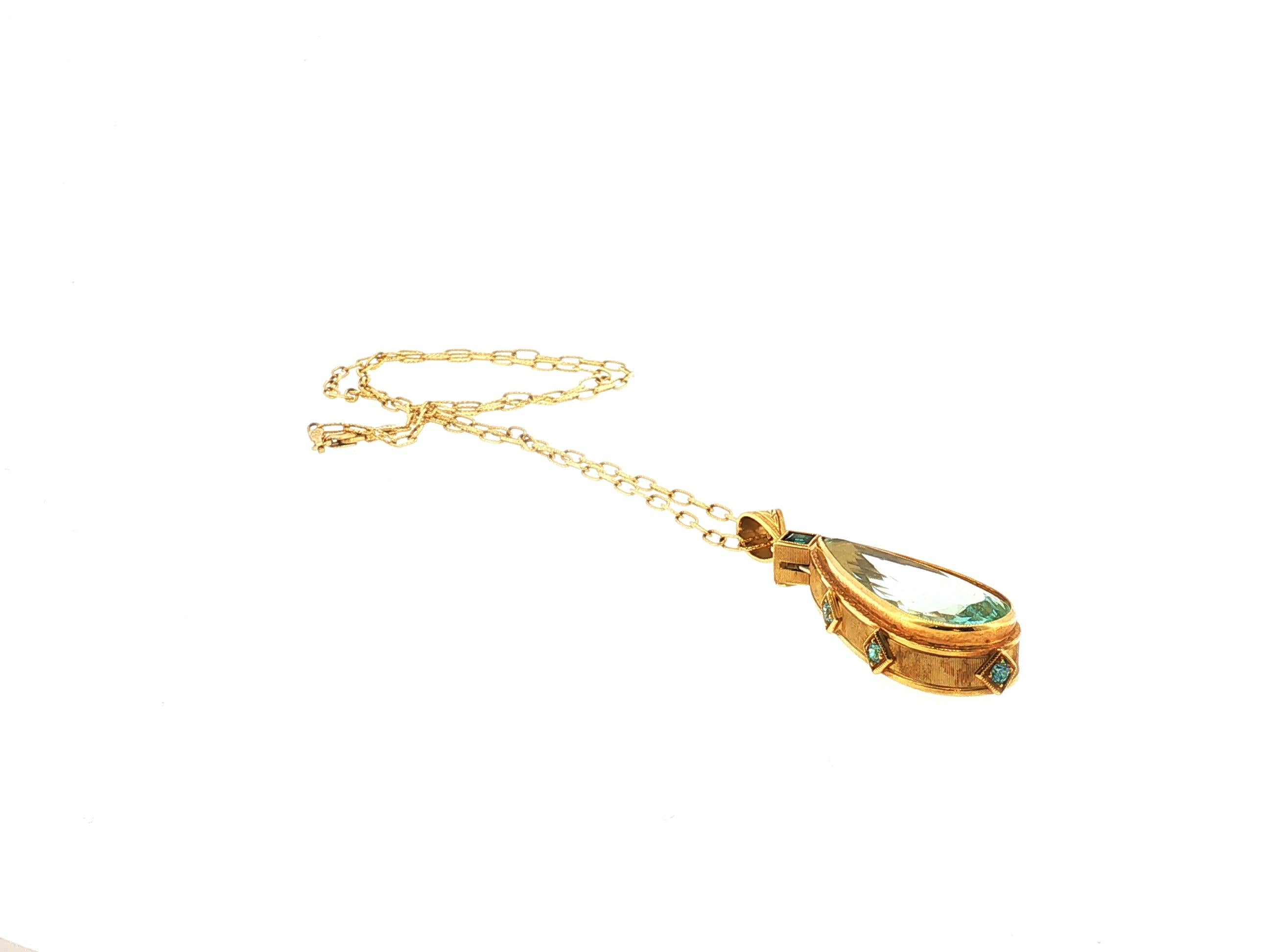 14K YG Pendant Necklace 0.25ct Round Aqua Marine & 33.8x14.3mm Pear Aqua Marine