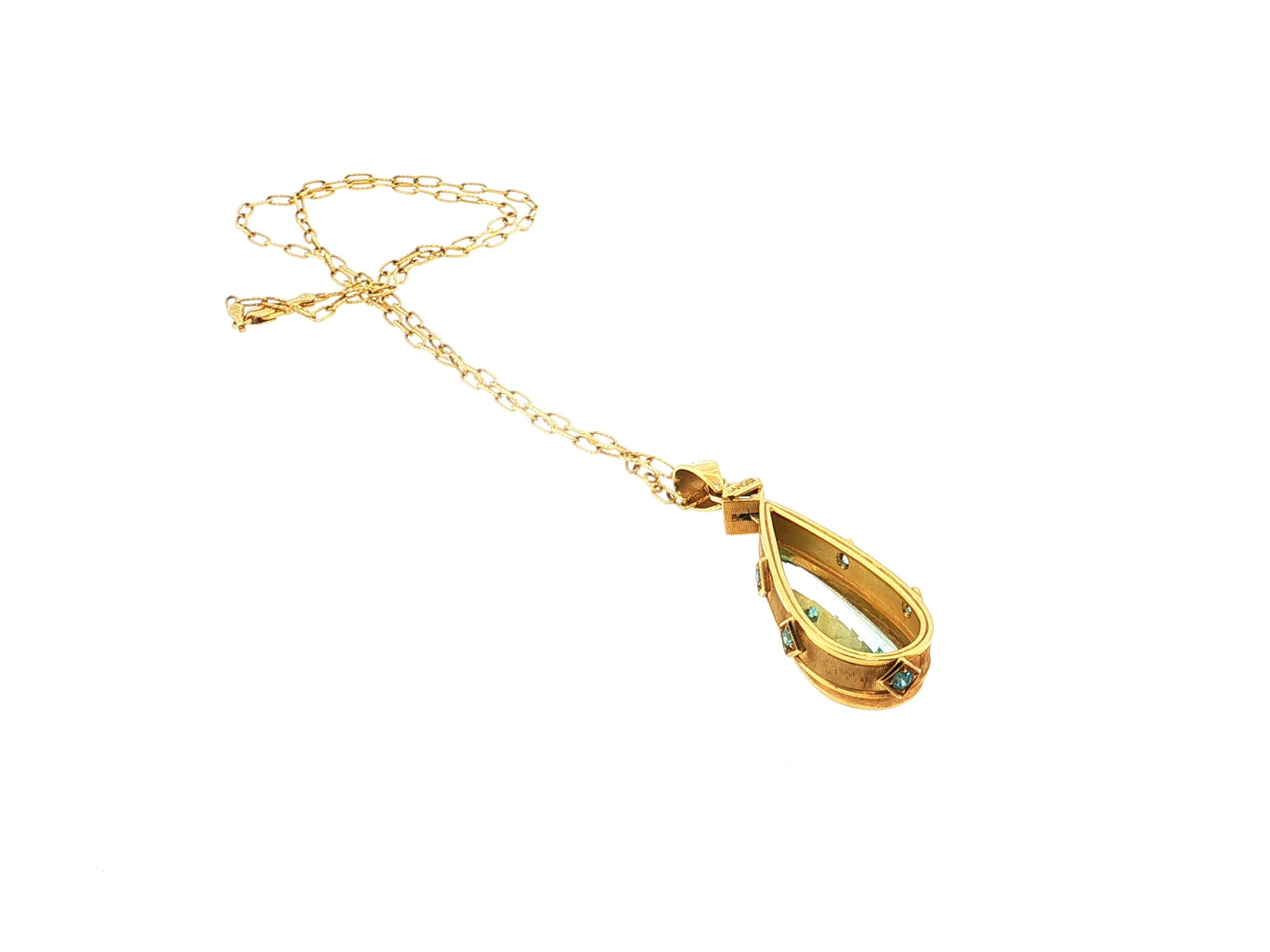14K YG Pendant Necklace 0.25ct Round Aqua Marine & 33.8x14.3mm Pear Aqua Marine