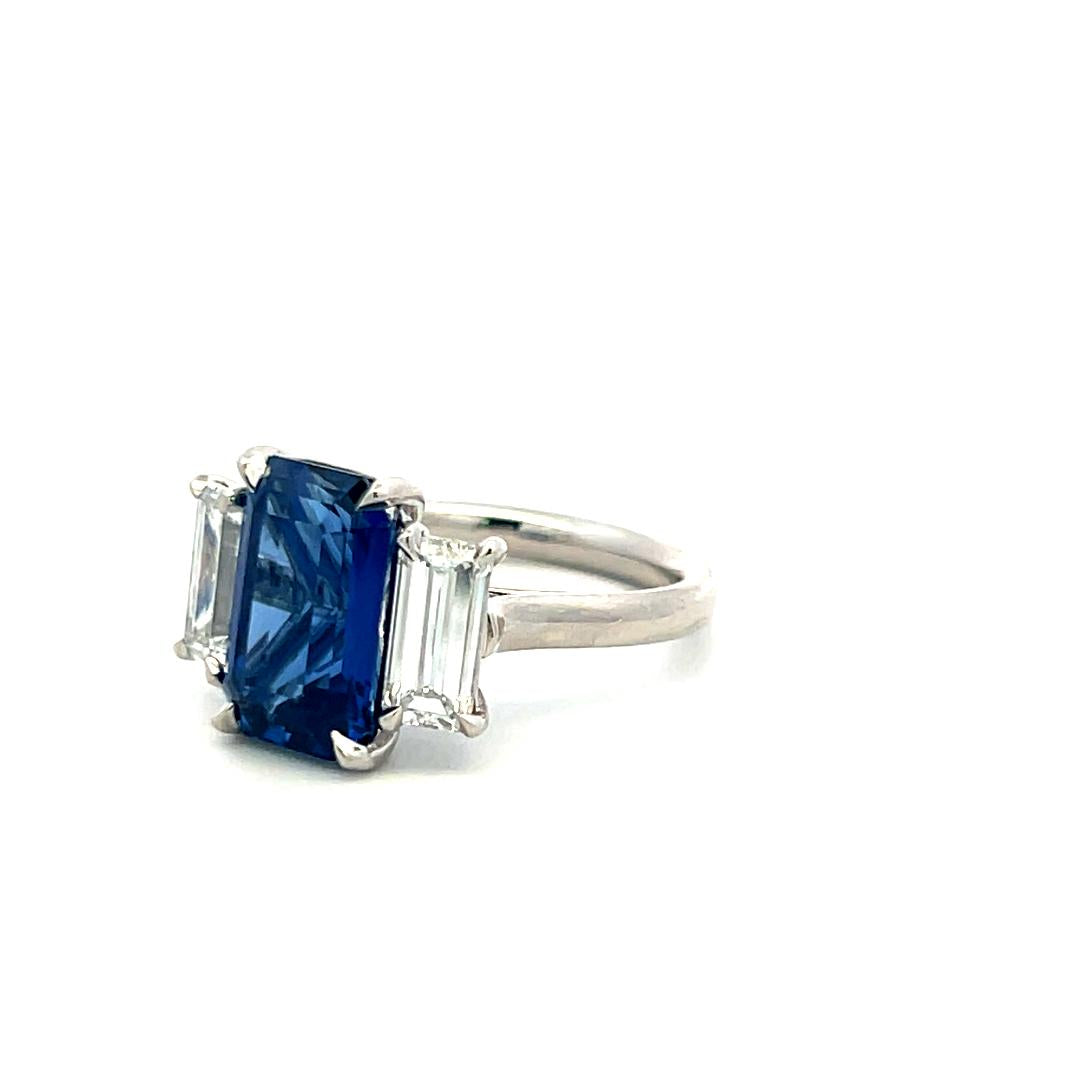 Platinum Three-Stone Ring 1.66ct Emerald Diamonds 5.06ct Sapphire Size 6.5 GIA