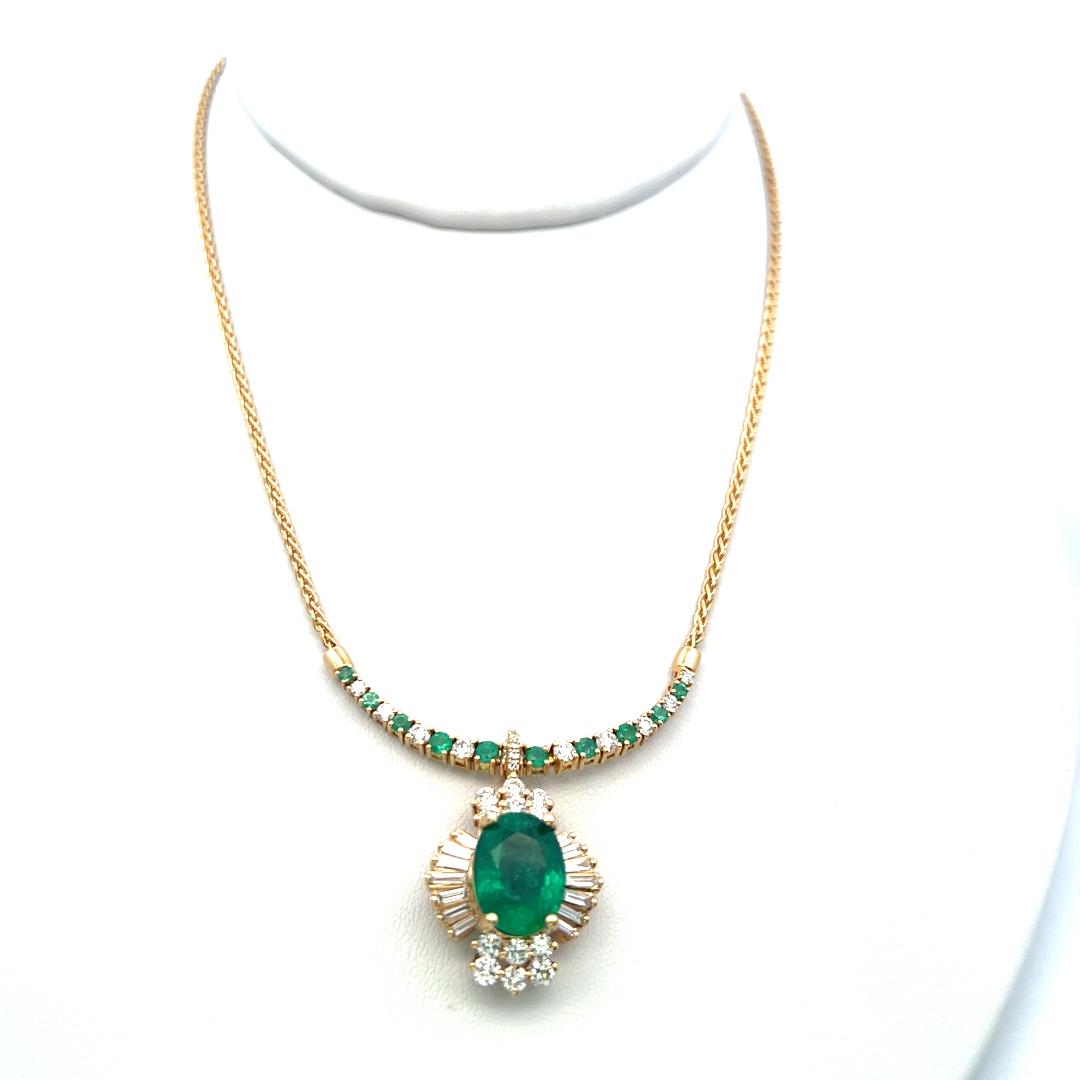 18K YG Pendant Necklace with 1.92ct Round & Baguette Diamonds 3.5ct Emerald