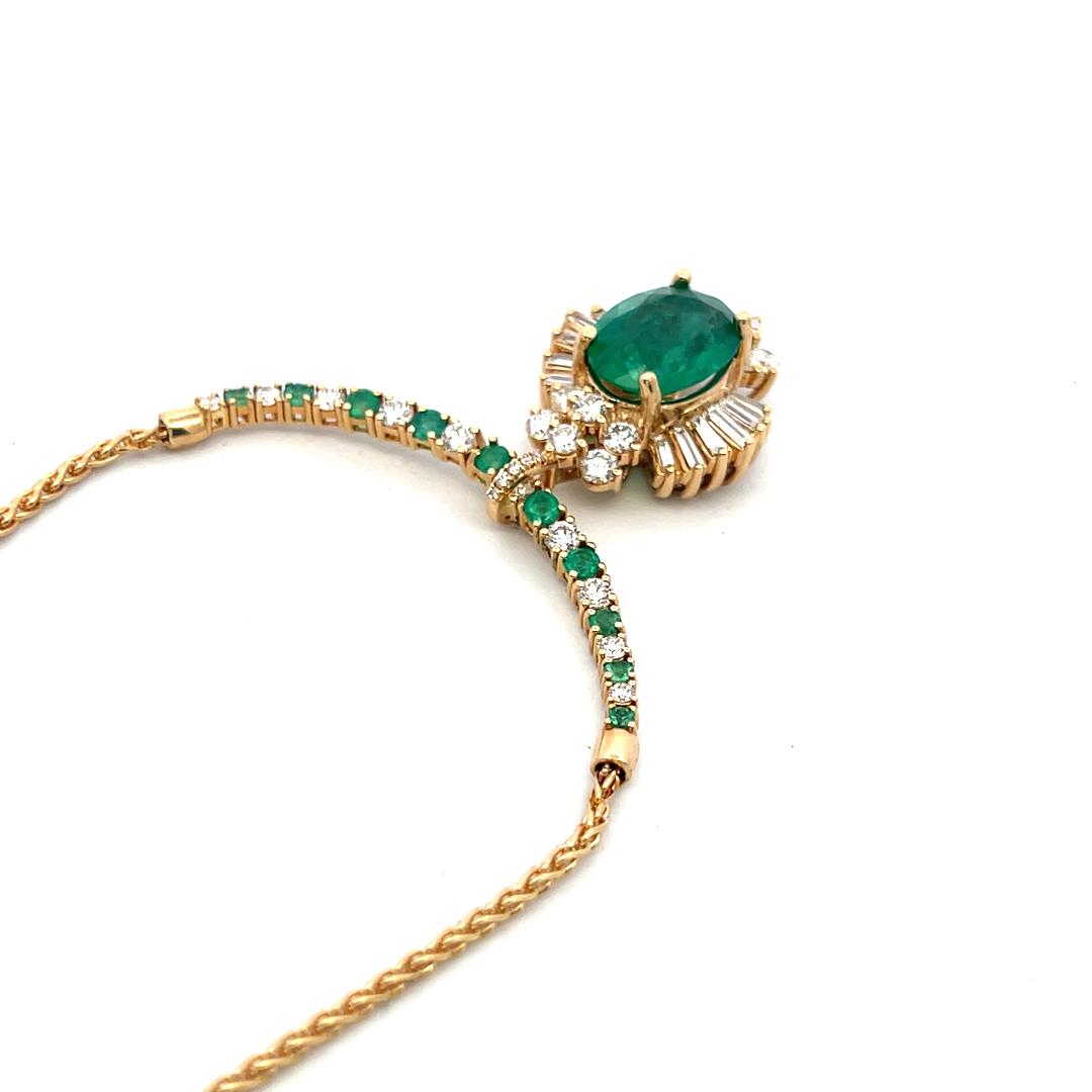 18K YG Pendant Necklace with 1.92ct Round & Baguette Diamonds 3.5ct Emerald