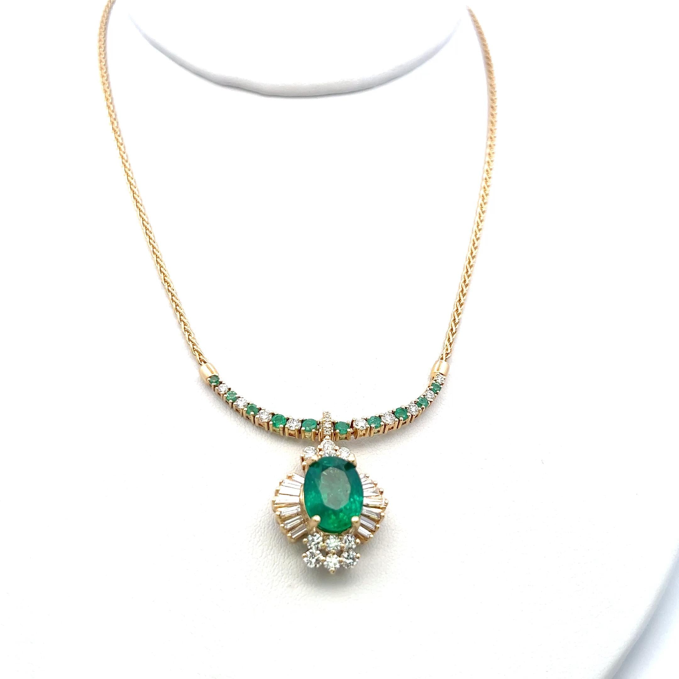18K YG Pendant Necklace with 1.92ct Round & Baguette Diamonds 3.5ct Emerald