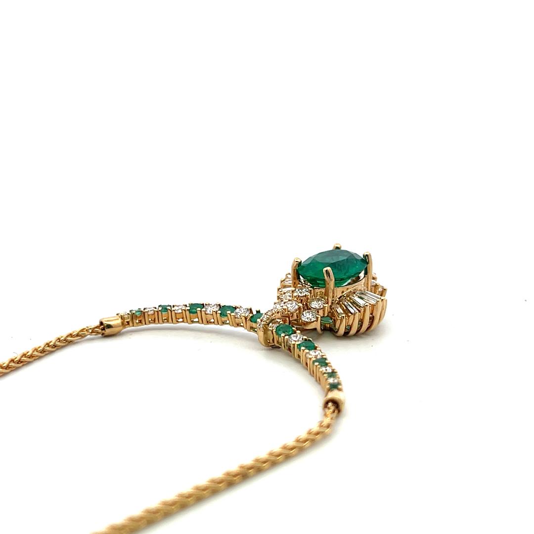 18K YG Pendant Necklace with 1.92ct Round & Baguette Diamonds 3.5ct Emerald