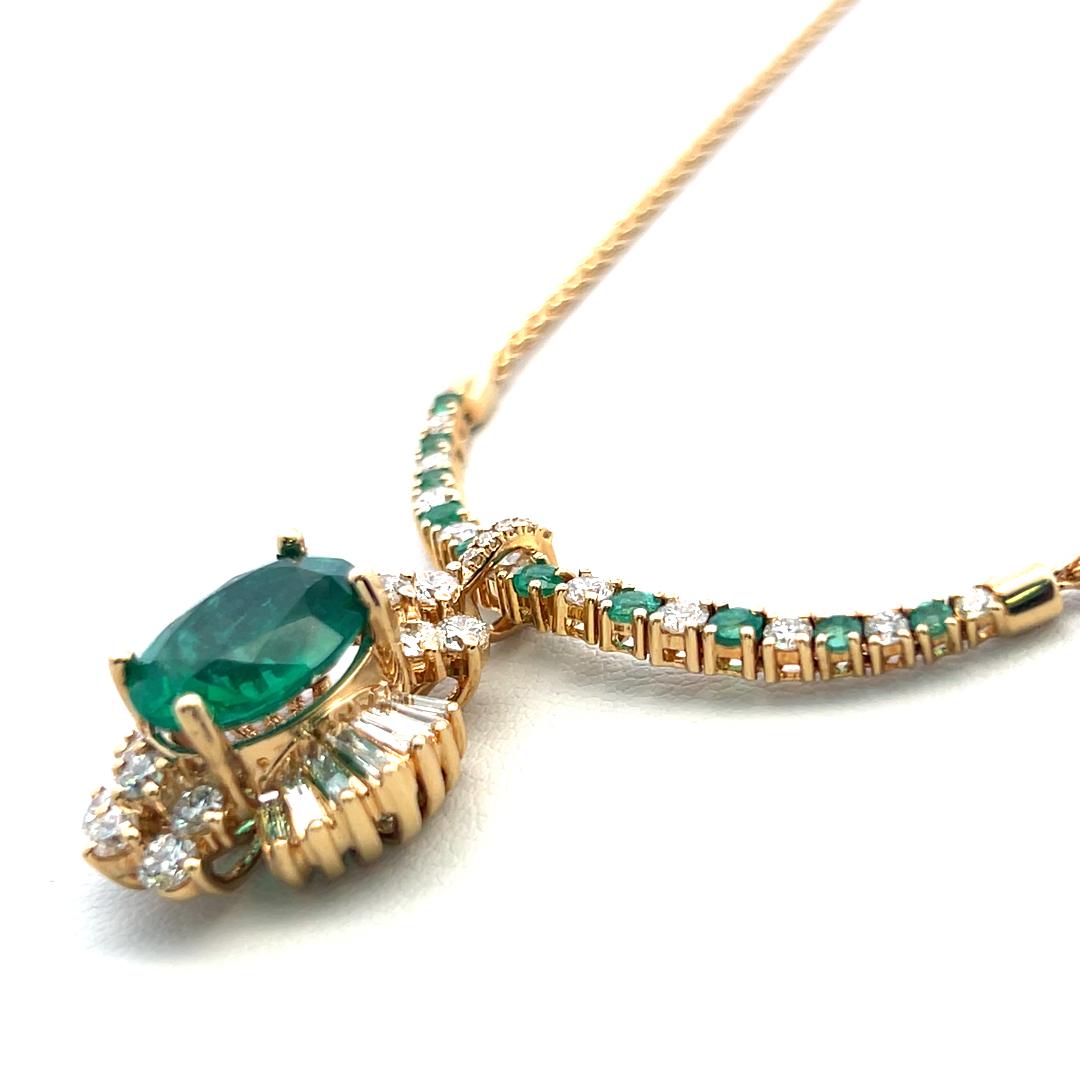 18K YG Pendant Necklace with 1.92ct Round & Baguette Diamonds 3.5ct Emerald
