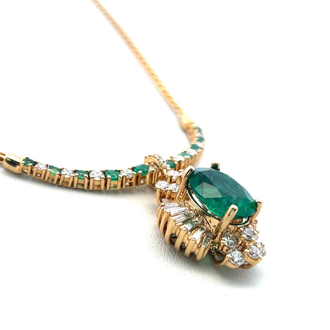 18K YG Pendant Necklace with 1.92ct Round & Baguette Diamonds 3.5ct Emerald