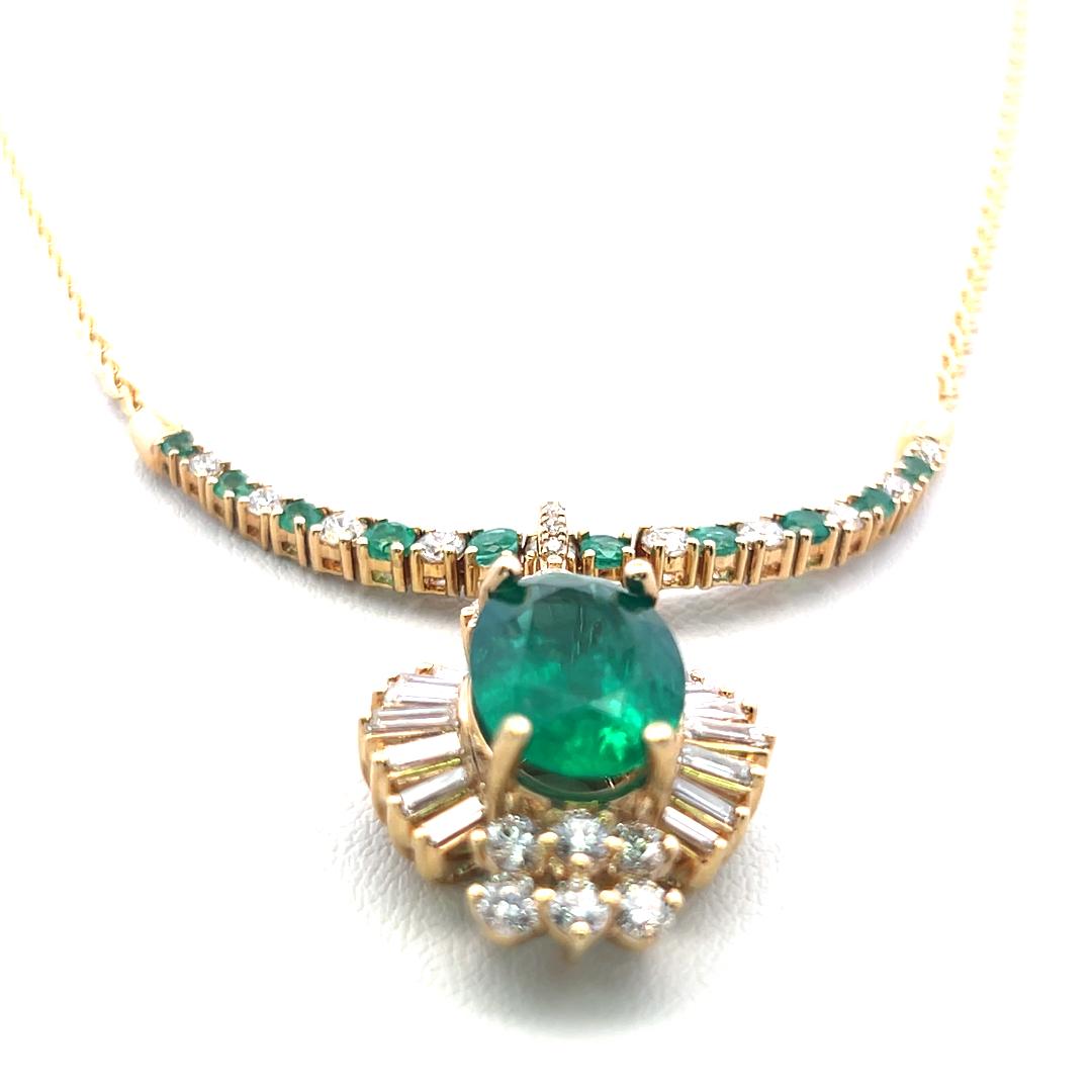 18K YG Pendant Necklace with 1.92ct Round & Baguette Diamonds 3.5ct Emerald