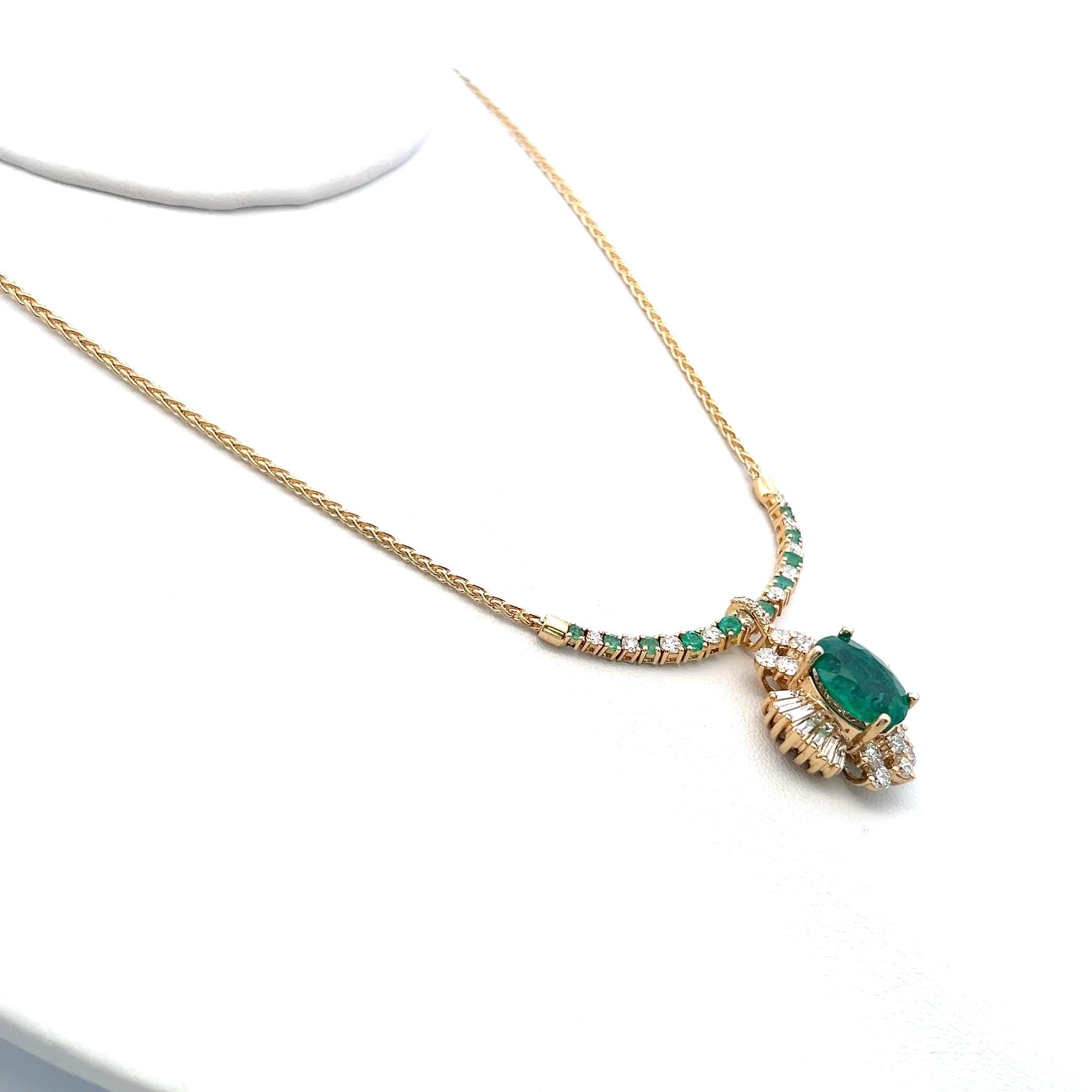 18K YG Pendant Necklace with 1.92ct Round & Baguette Diamonds 3.5ct Emerald