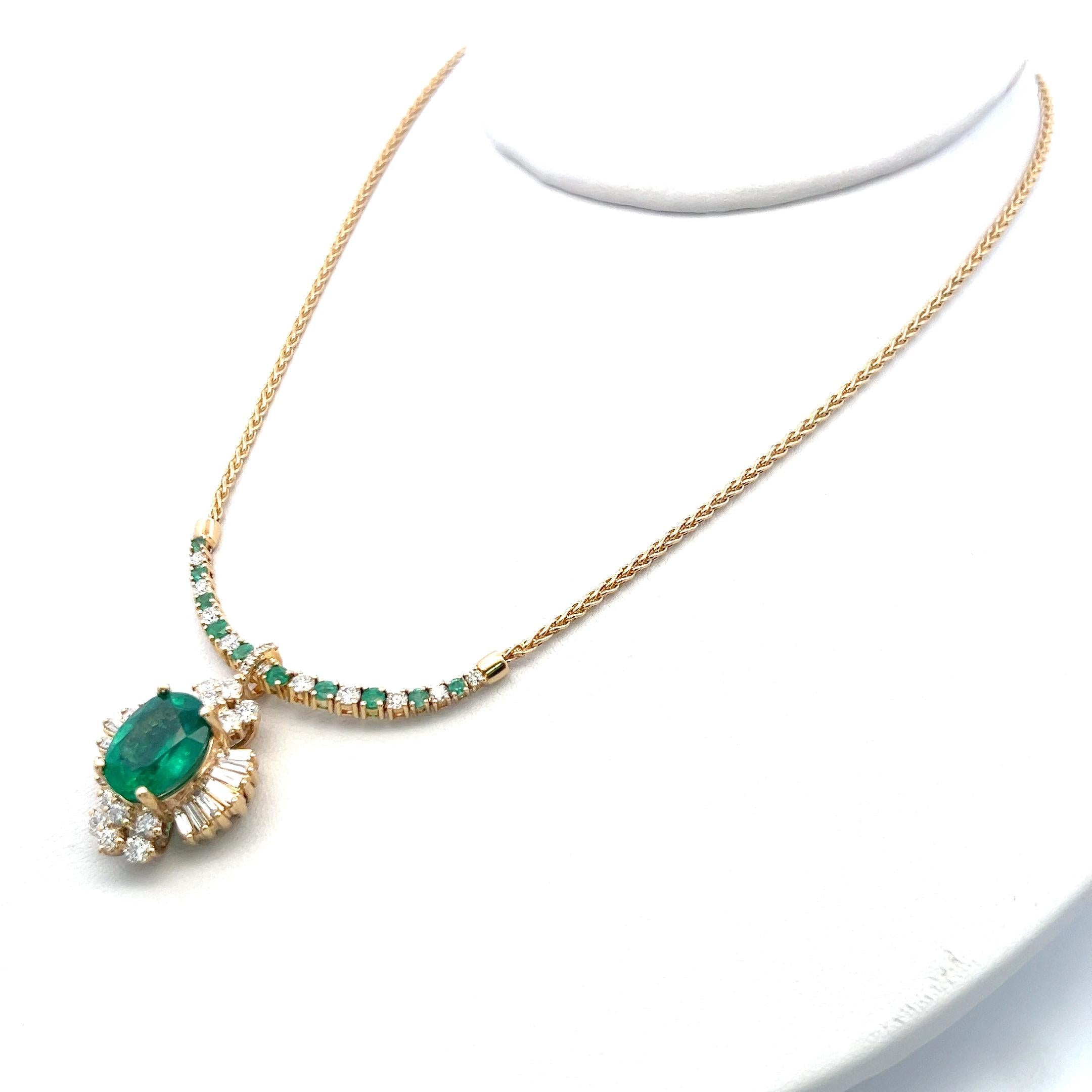 18K YG Pendant Necklace with 1.92ct Round & Baguette Diamonds 3.5ct Emerald