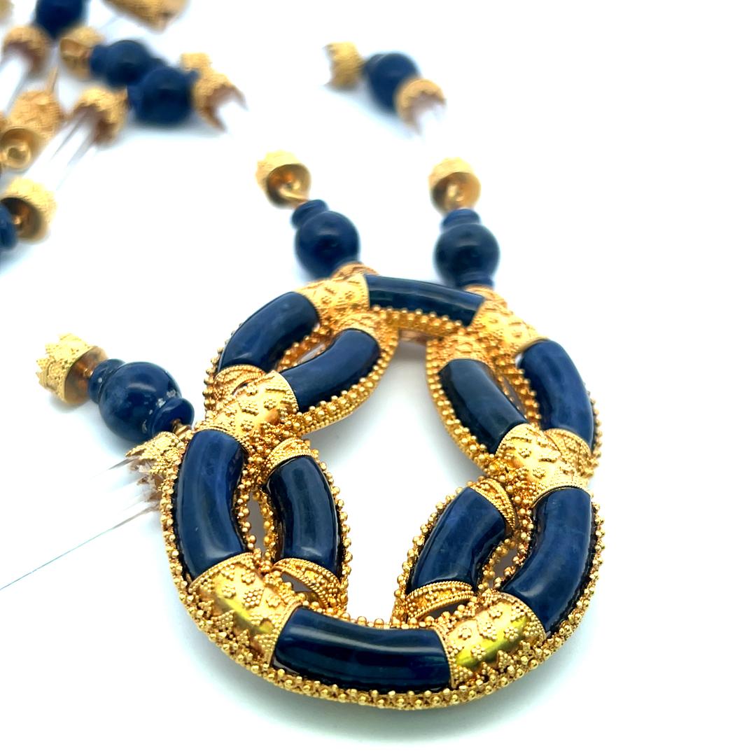 Lalaounis 18K Yellow Gold Pendant Necklace Crystal & Sodalite Beads and Slices