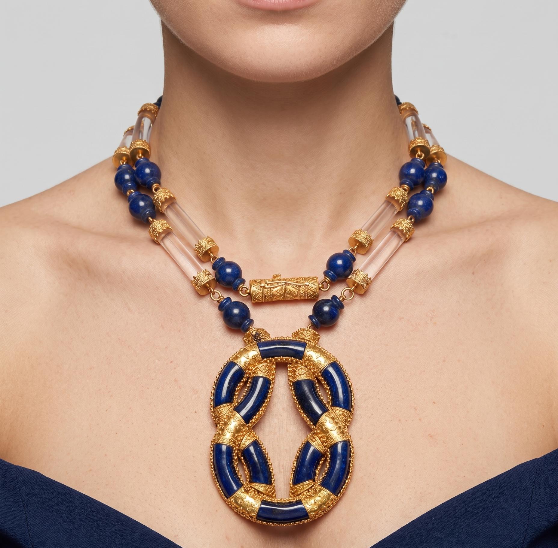Lalaounis 18K Yellow Gold Pendant Necklace Crystal & Sodalite Beads and Slices