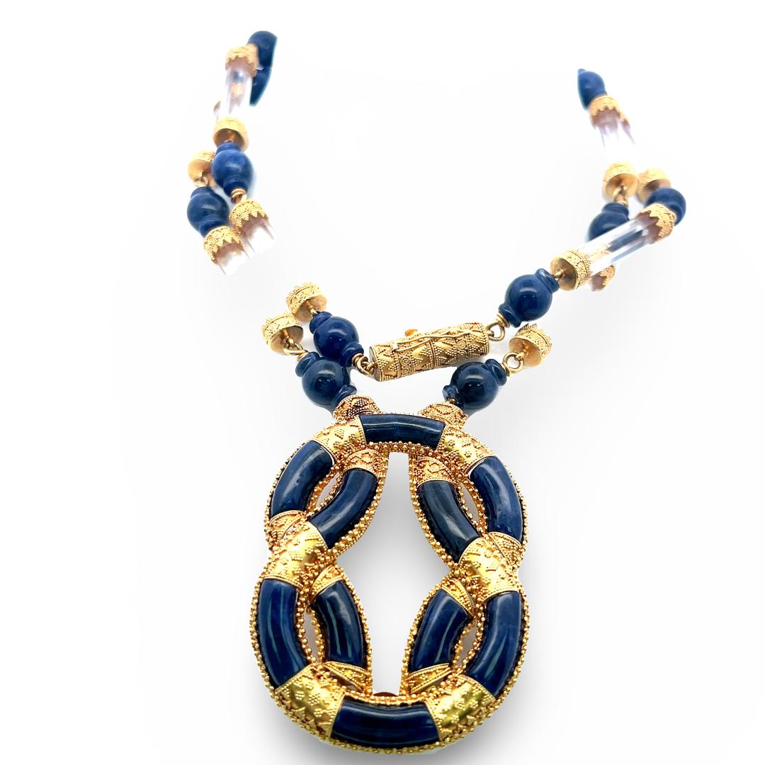 Lalaounis 18K Yellow Gold Pendant Necklace Crystal & Sodalite Beads and Slices