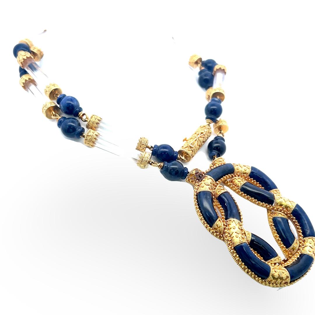 Lalaounis 18K Yellow Gold Pendant Necklace Crystal & Sodalite Beads and Slices