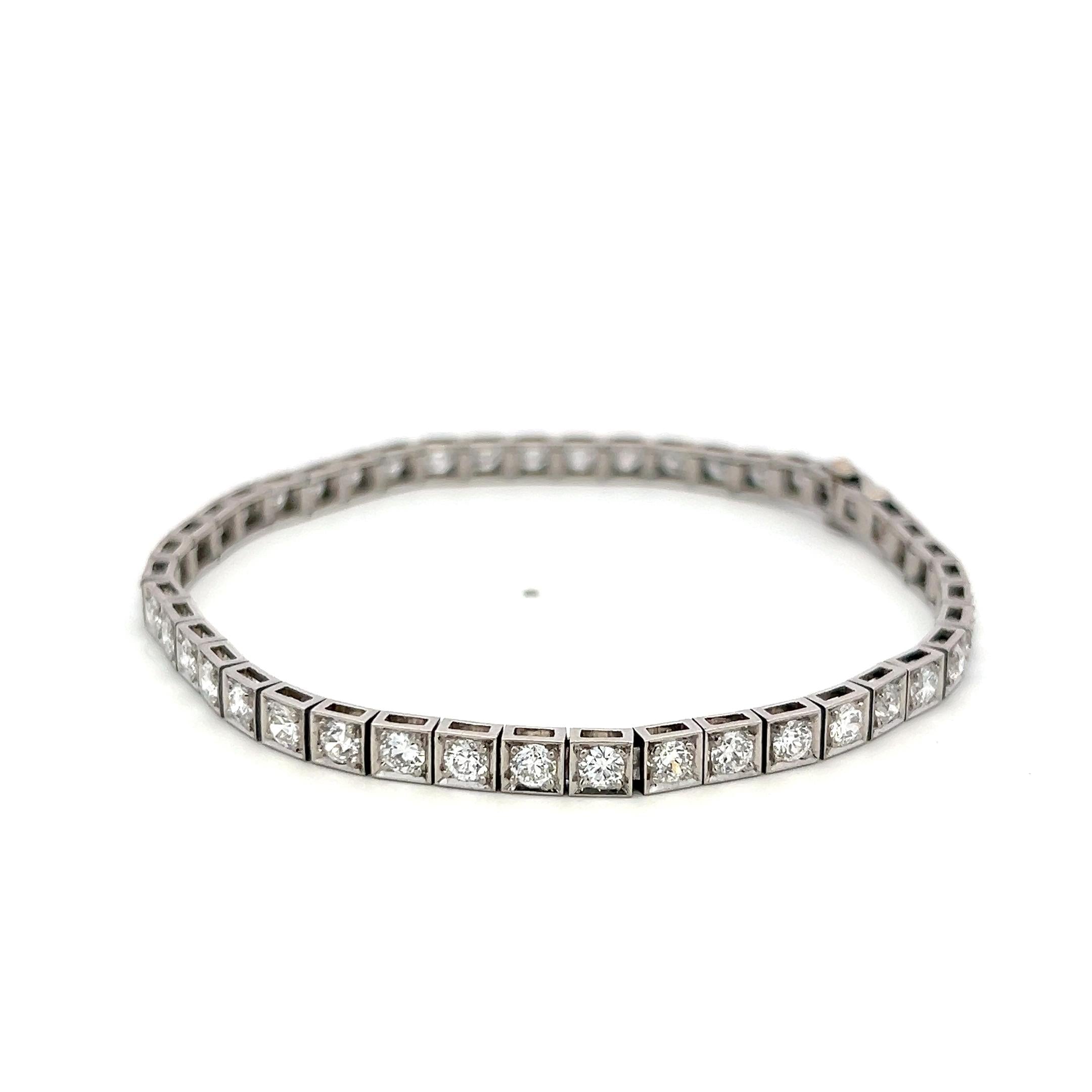 Vintage Platinum Tennis Bracelet with 4.4 Carat Old European Cut F-VS Diamonds