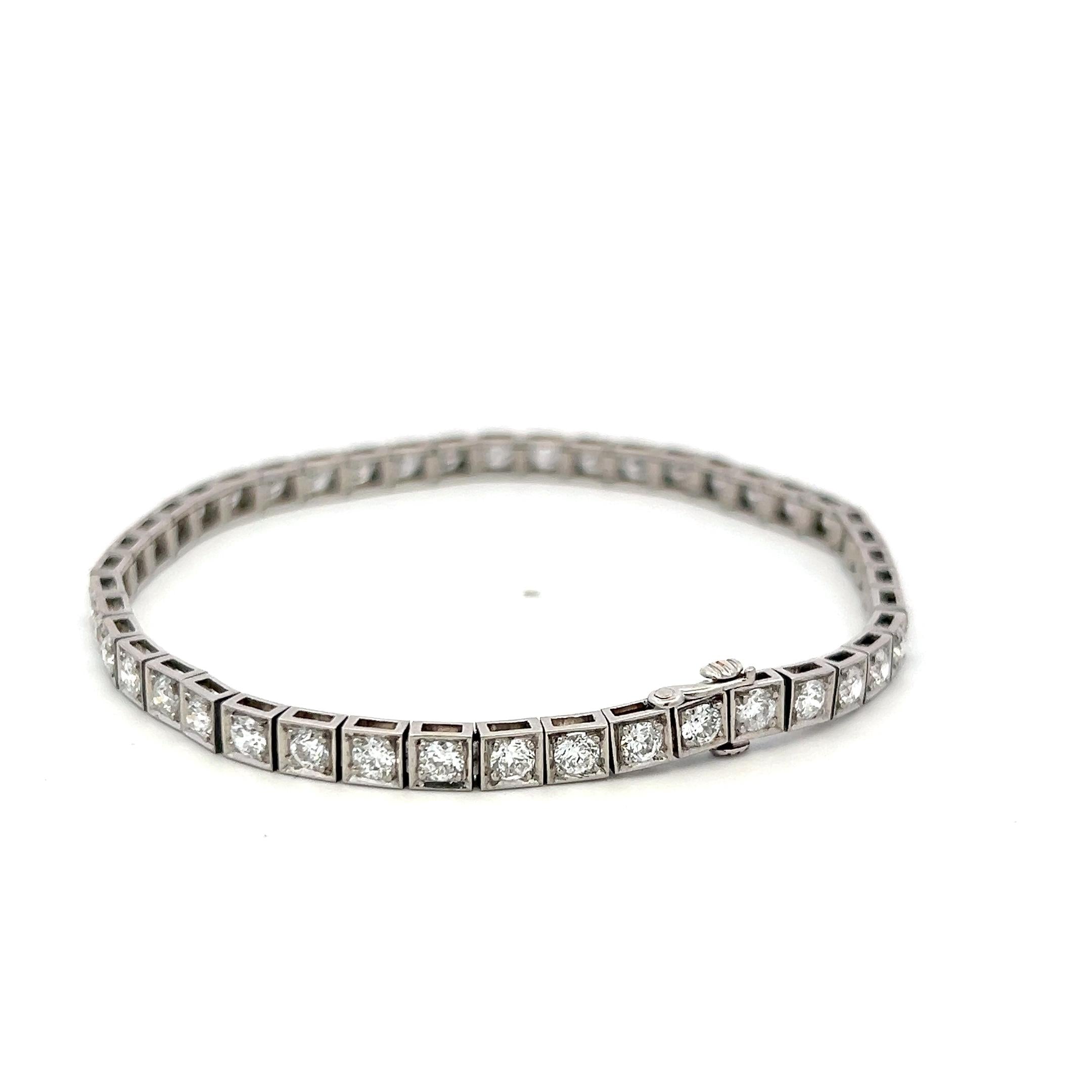 Vintage Platinum Tennis Bracelet with 4.4 Carat Old European Cut F-VS Diamonds