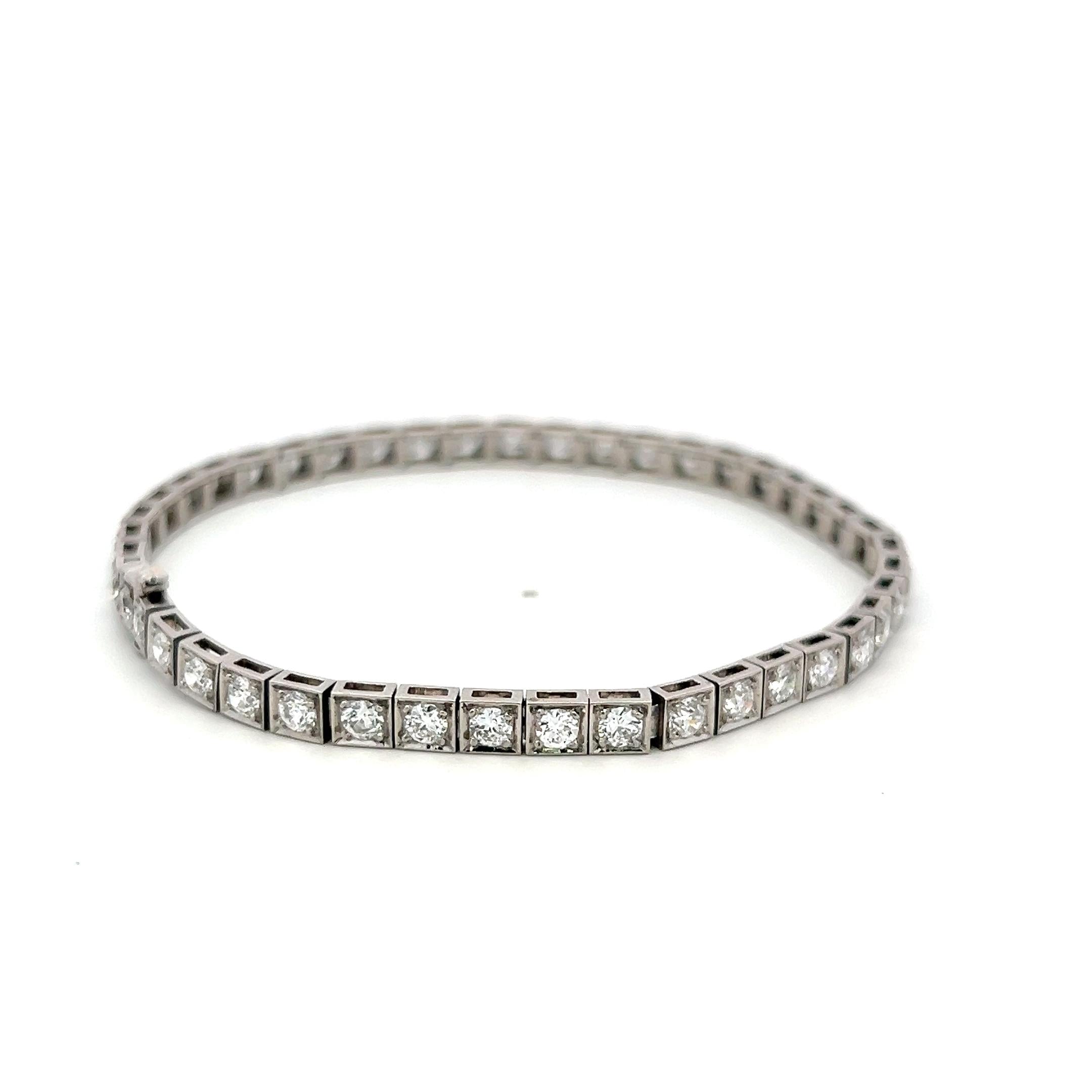 Vintage Platinum Tennis Bracelet with 4.4 Carat Old European Cut F-VS Diamonds