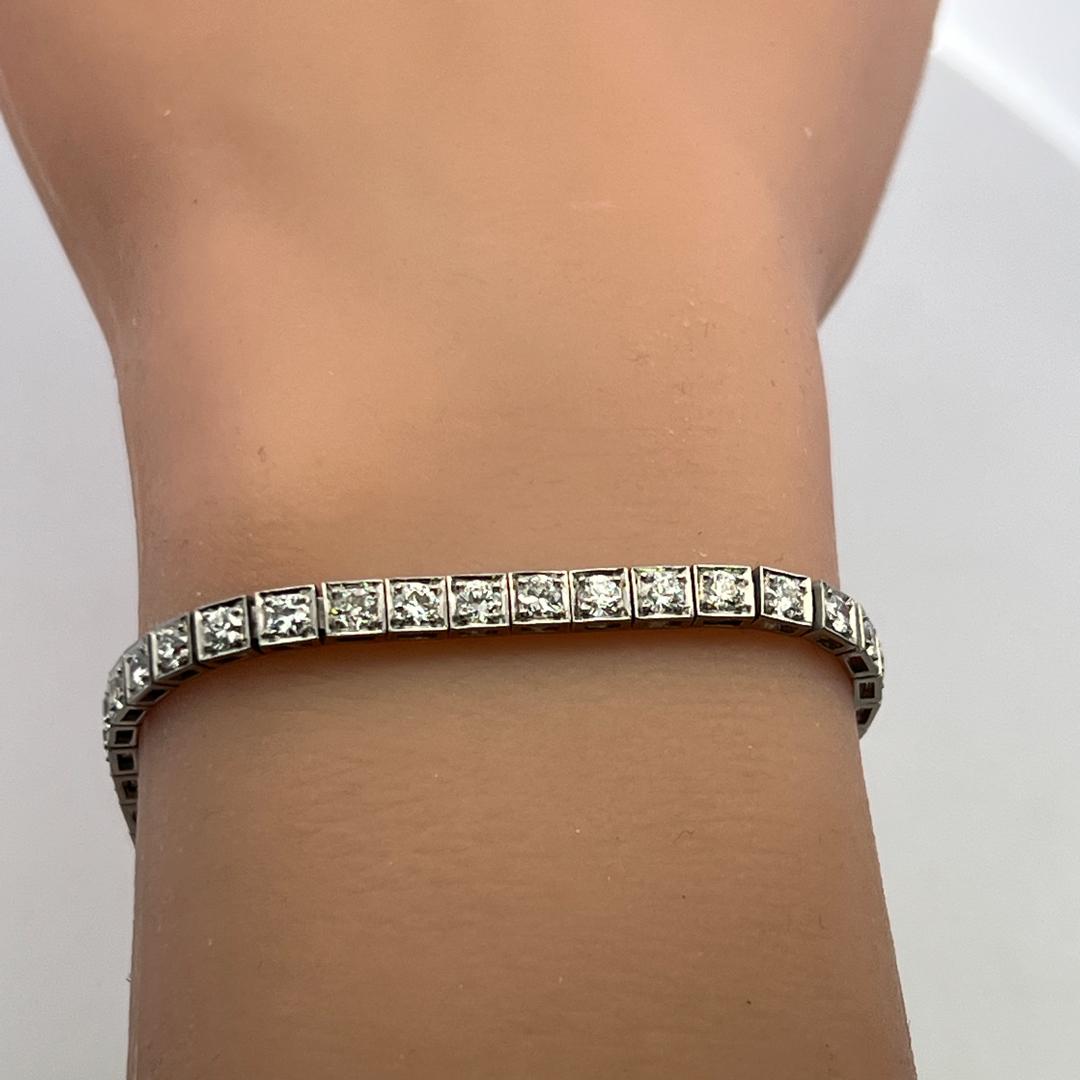 Vintage Platinum Tennis Bracelet with 4.4 Carat Old European Cut F-VS Diamonds