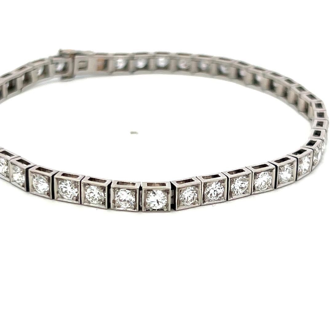 Vintage Platinum Tennis Bracelet with 4.4 Carat Old European Cut F-VS Diamonds