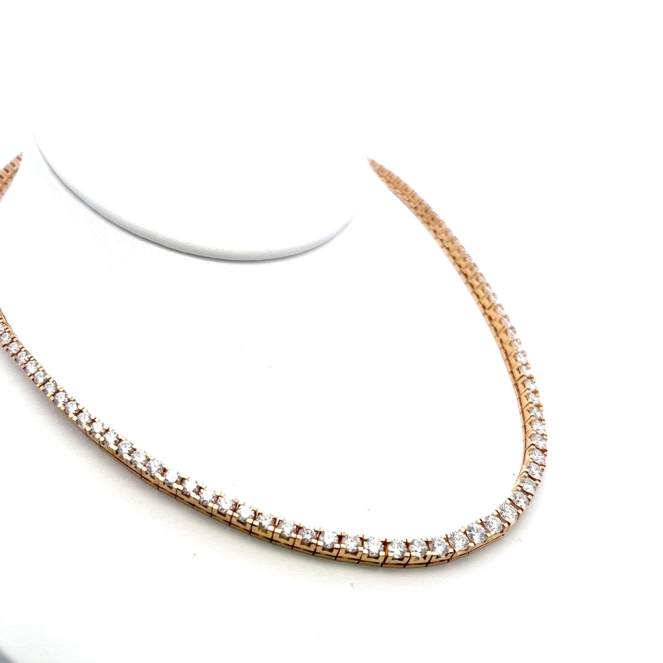 14K Yellow Gold Riviera Necklace with 11.42 Carat Round I VS Diamonds 30.8 Grams