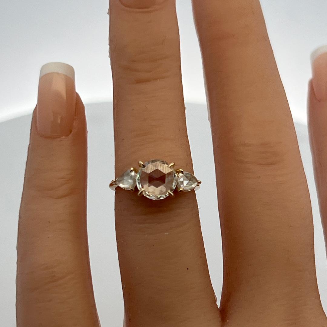 14K YG Three-Stone Ring with 2.02 Carat Rose & Pear Diamonds Size 4 G-VVS2 GIA