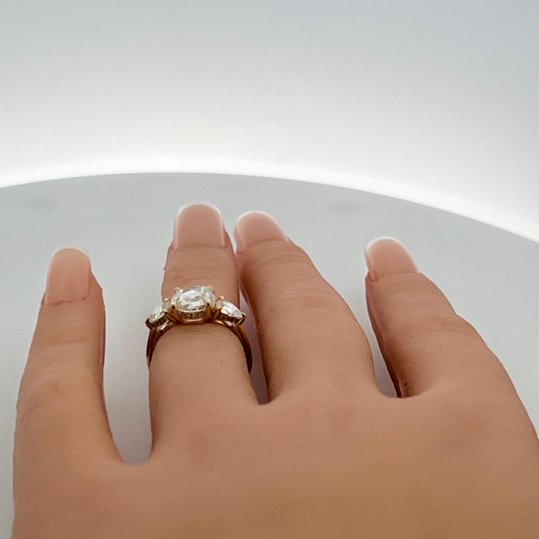 14K YG Three-Stone Ring with 2.02 Carat Rose & Pear Diamonds Size 4 G-VVS2 GIA