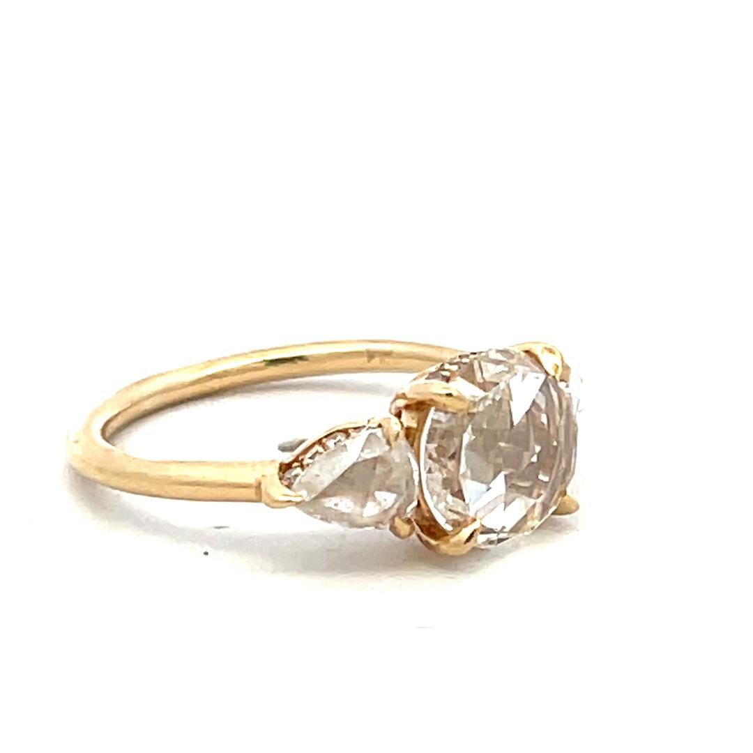 14K YG Three-Stone Ring with 2.02 Carat Rose & Pear Diamonds Size 4 G-VVS2 GIA