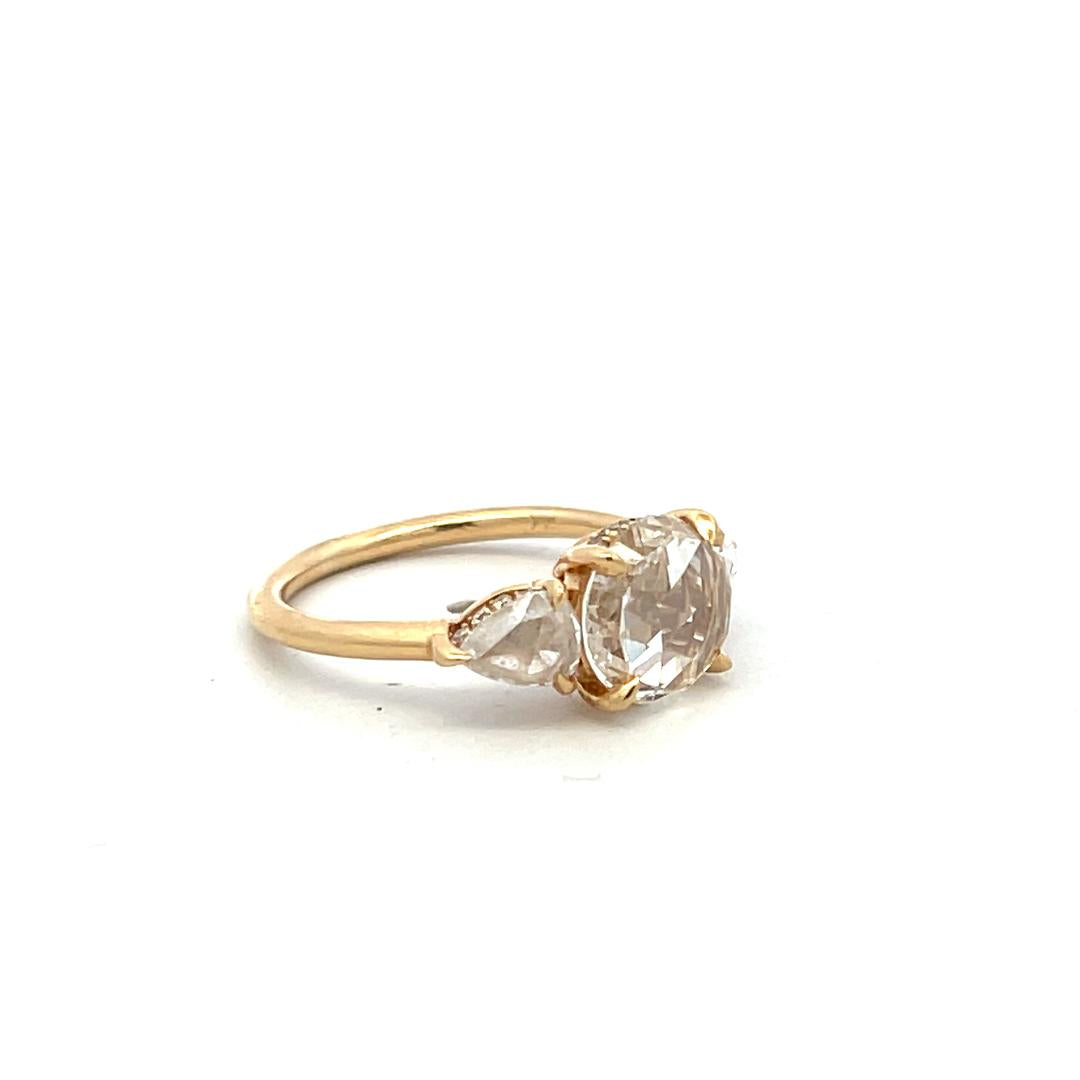 14K YG Three-Stone Ring with 2.02 Carat Rose & Pear Diamonds Size 4 G-VVS2 GIA