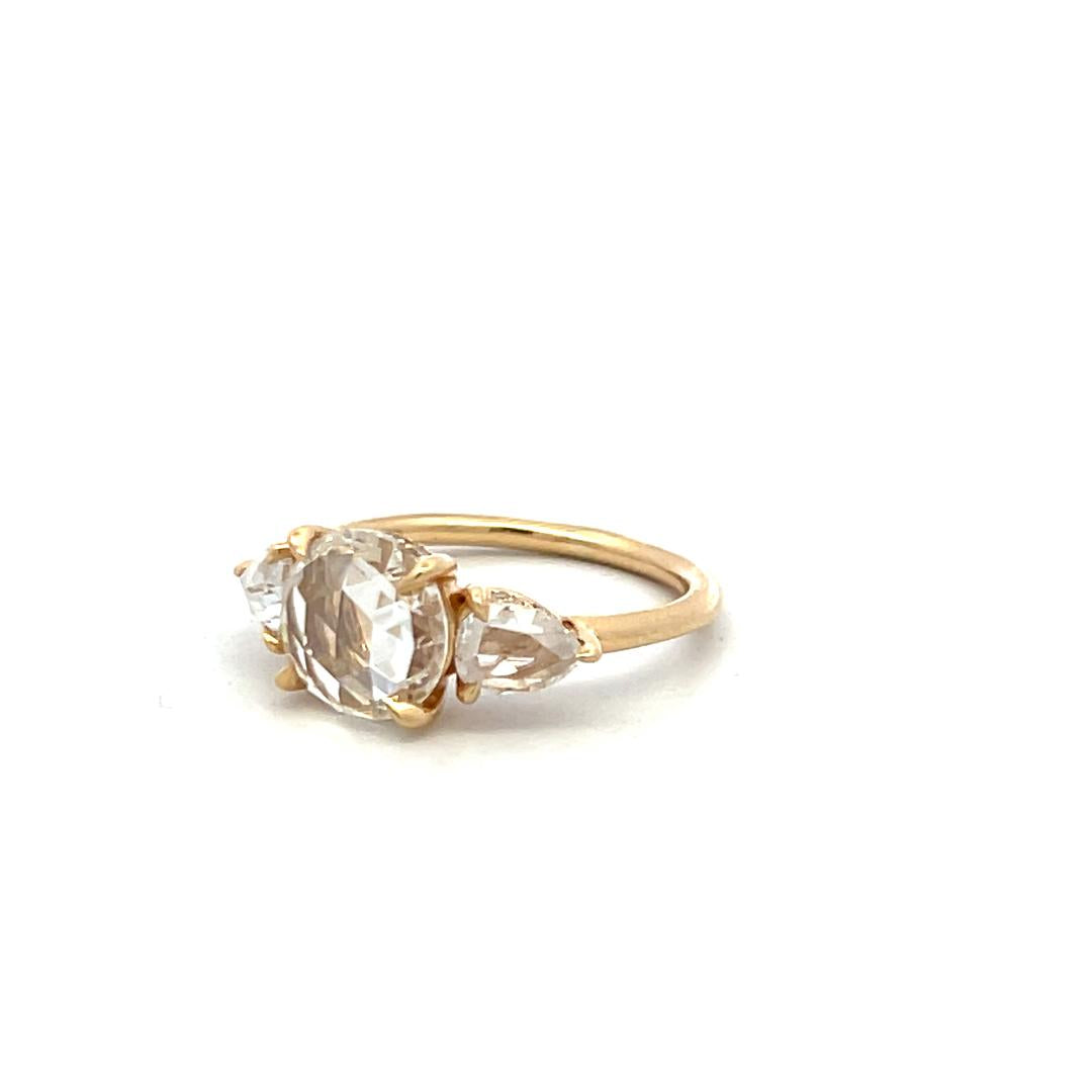14K YG Three-Stone Ring with 2.02 Carat Rose & Pear Diamonds Size 4 G-VVS2 GIA